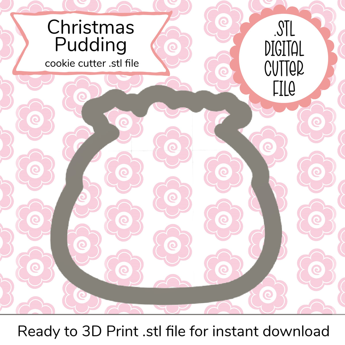 Gray christmas pudding cookie cutter in 3d printable stl digital file format for holiday baking designs