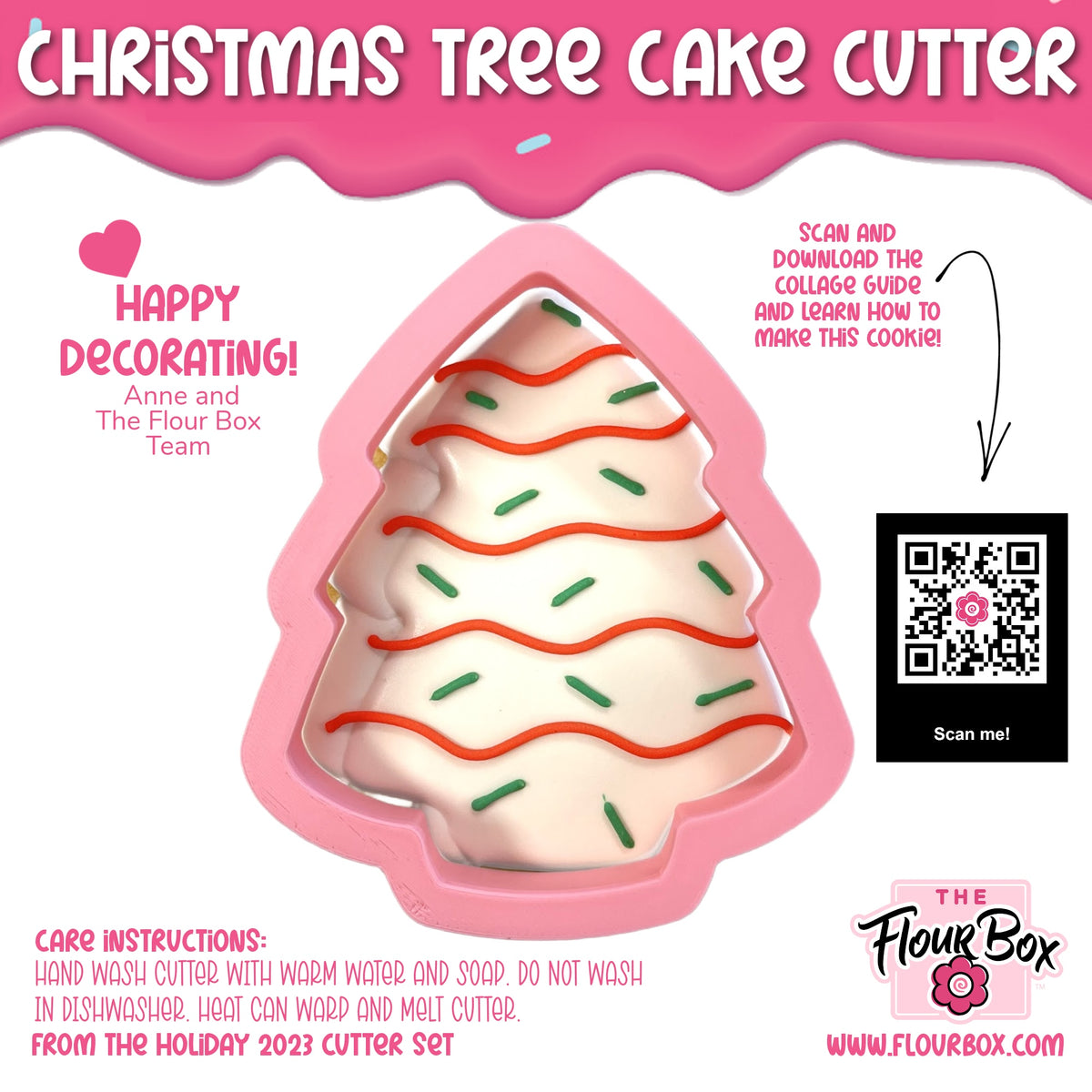 Pink silicone christmas tree cake cookie cutter with white icing and red green decorative swirls design