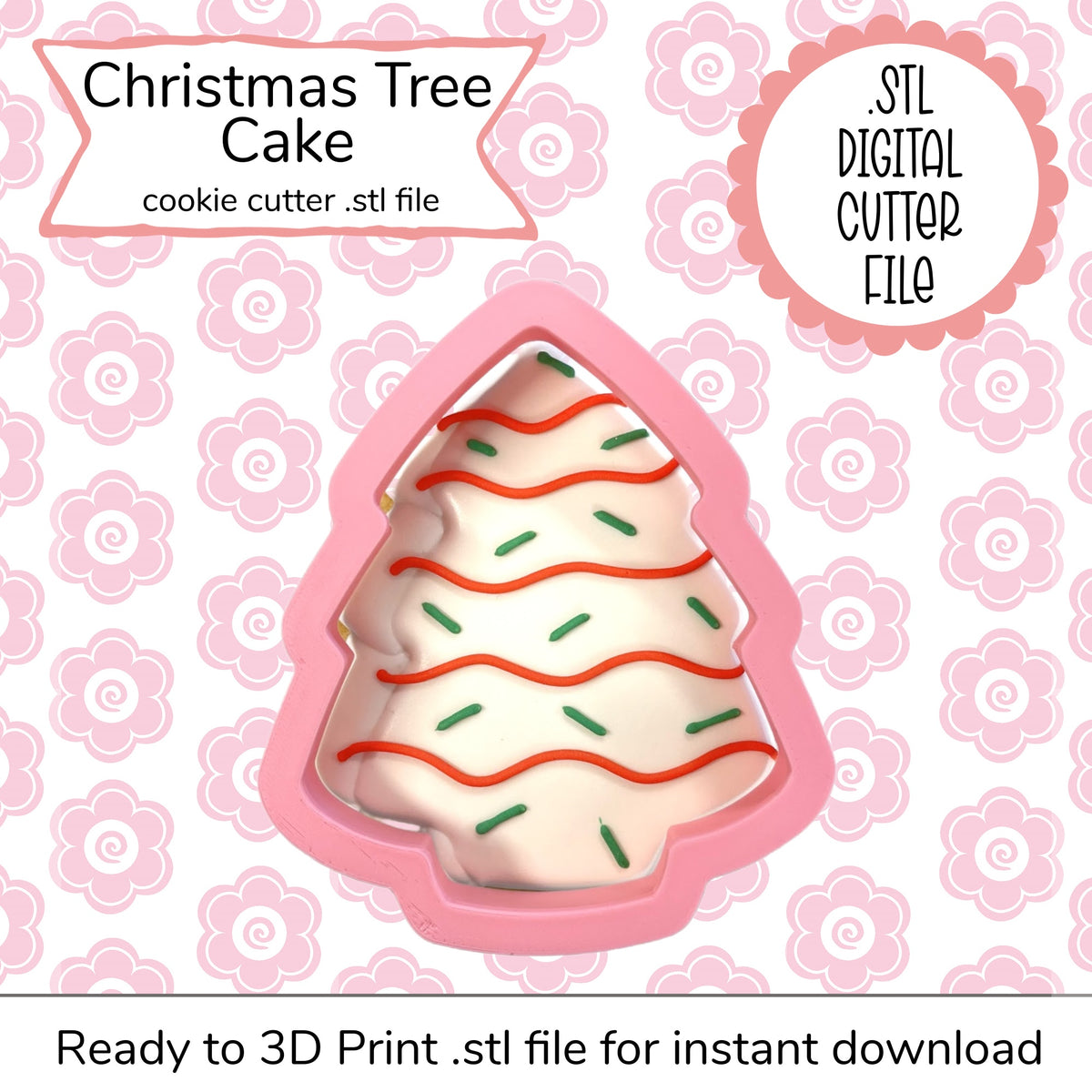 Pink silicone christmas tree cookie cutter with red and green icing details for christmas tree cake stl cutter file