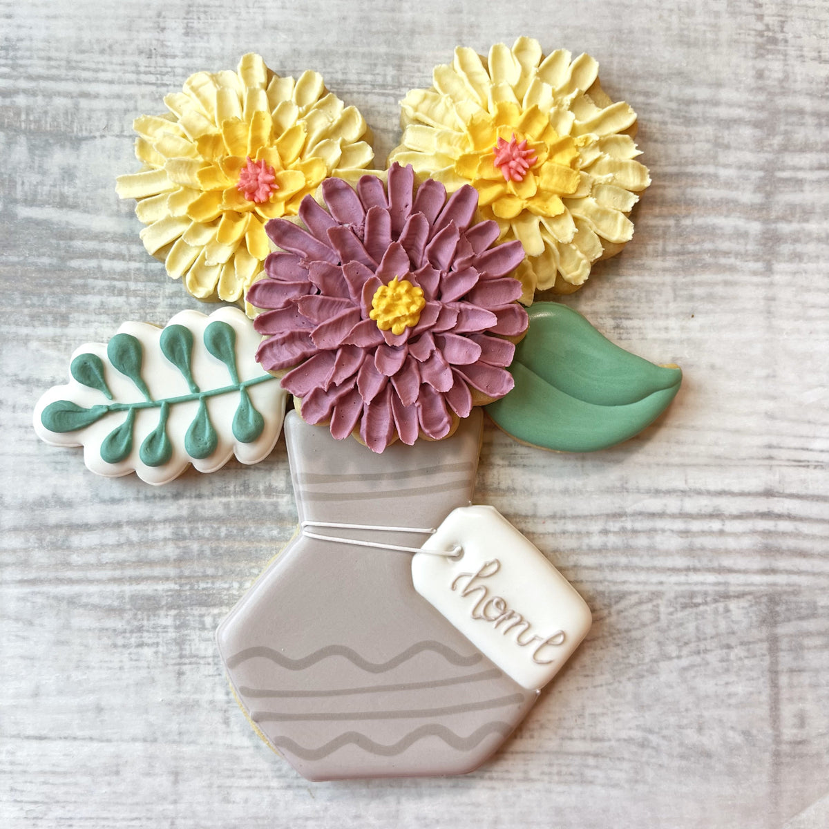 Flower vase 6pc flour box club cookie cutter set featuring a gray wavy sugar cookie vase with yellow and purple flower cookies