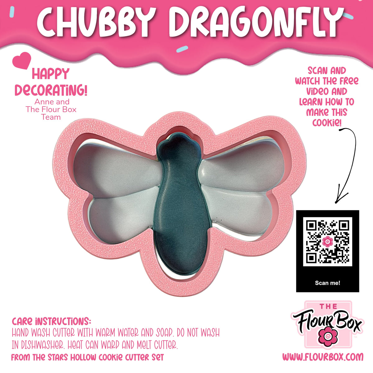 Pink and gray chubby dragonfly cookie cutter made of plastic displayed on a flour box for baking use