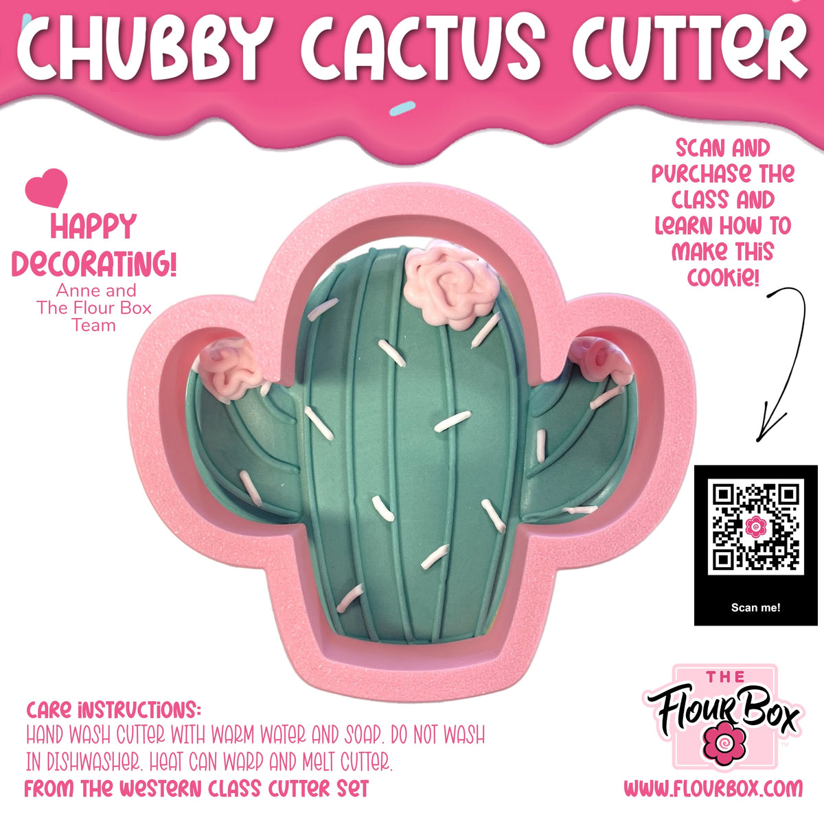 Chubby cactus cookie cutter made of pink silicone with green interior and white candy sprinkles detail