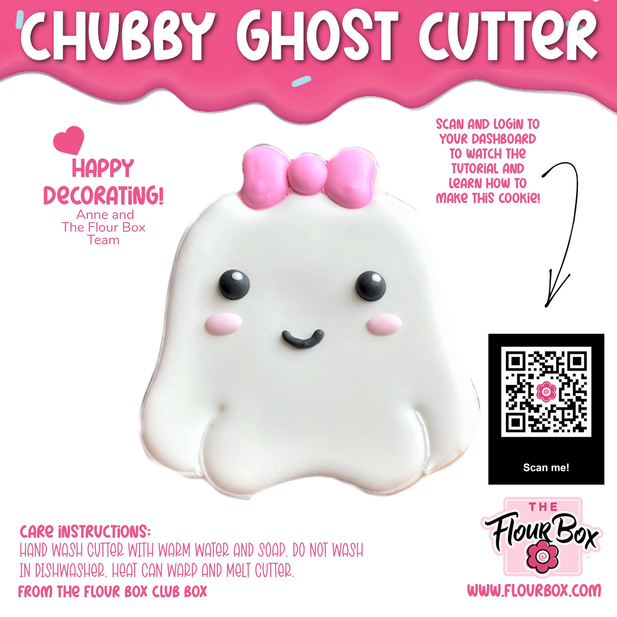 A white ghost-shaped cookie cutter with a pink bow and rosy cheeks from chubby ghost flour box club