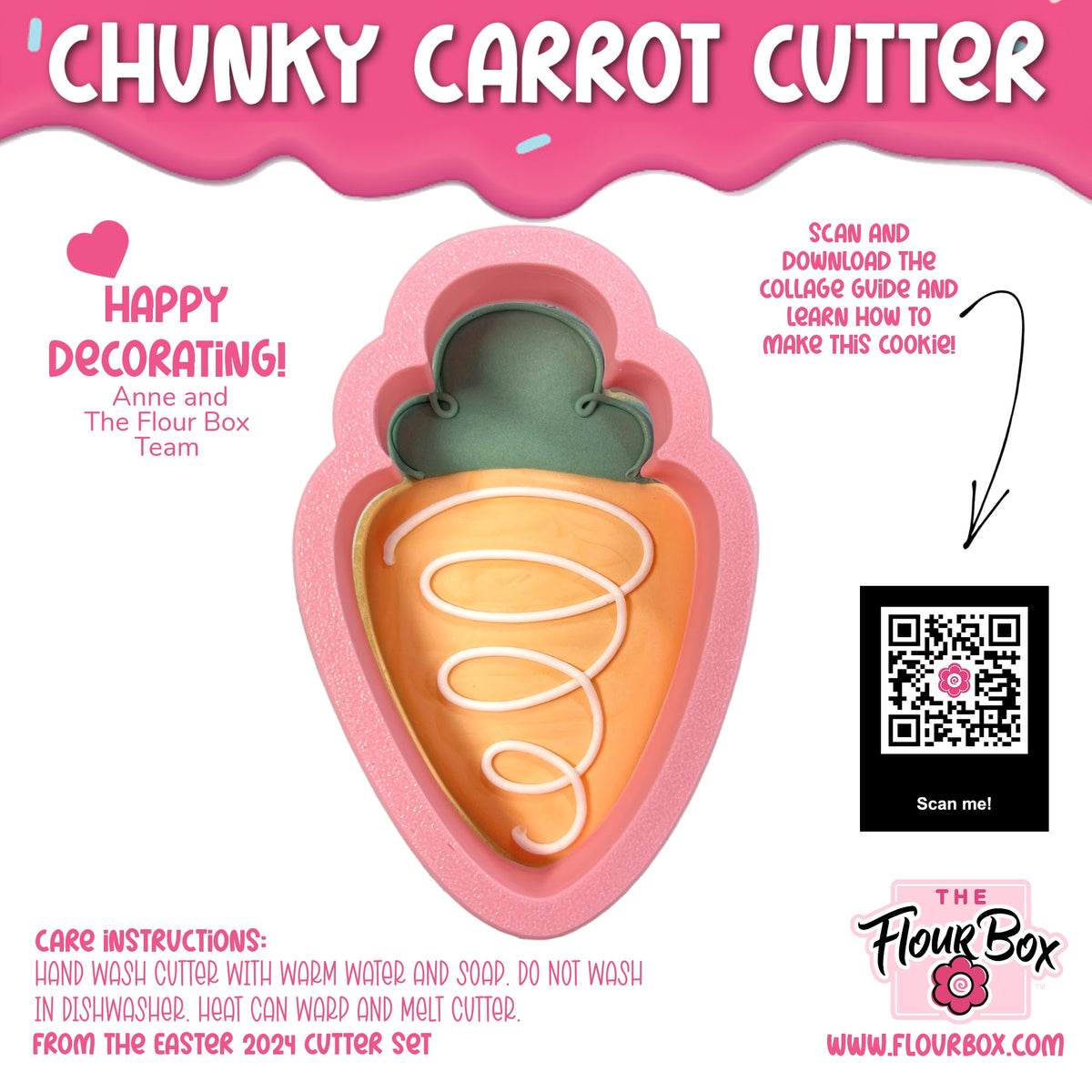 Chunky carrot cookie cutter made of pink silicone with a green top and white icing swirl design for baking