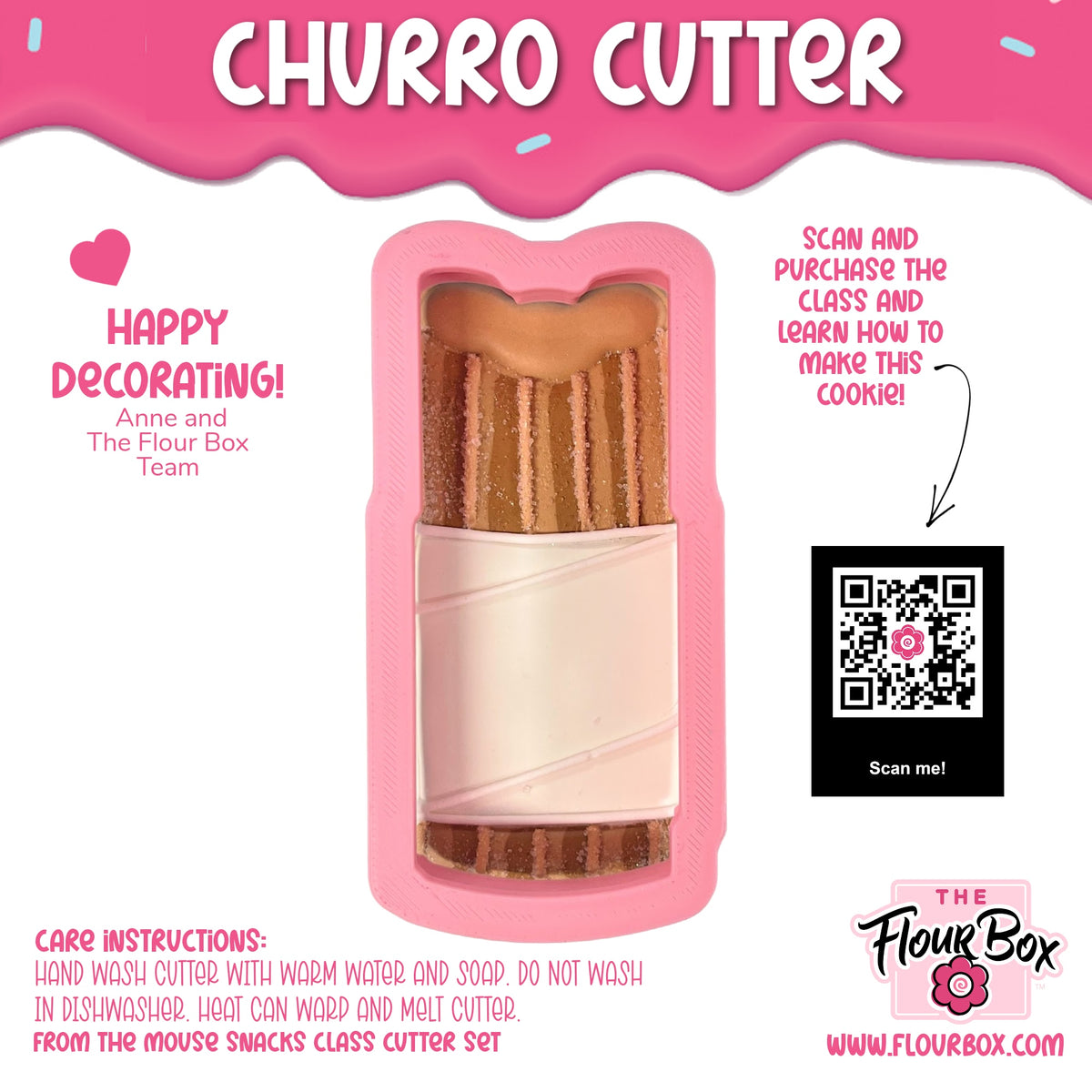 Pink silicone churro cookie cutter shaped like a sugar-dusted chocolate-covered churro with ridged texture