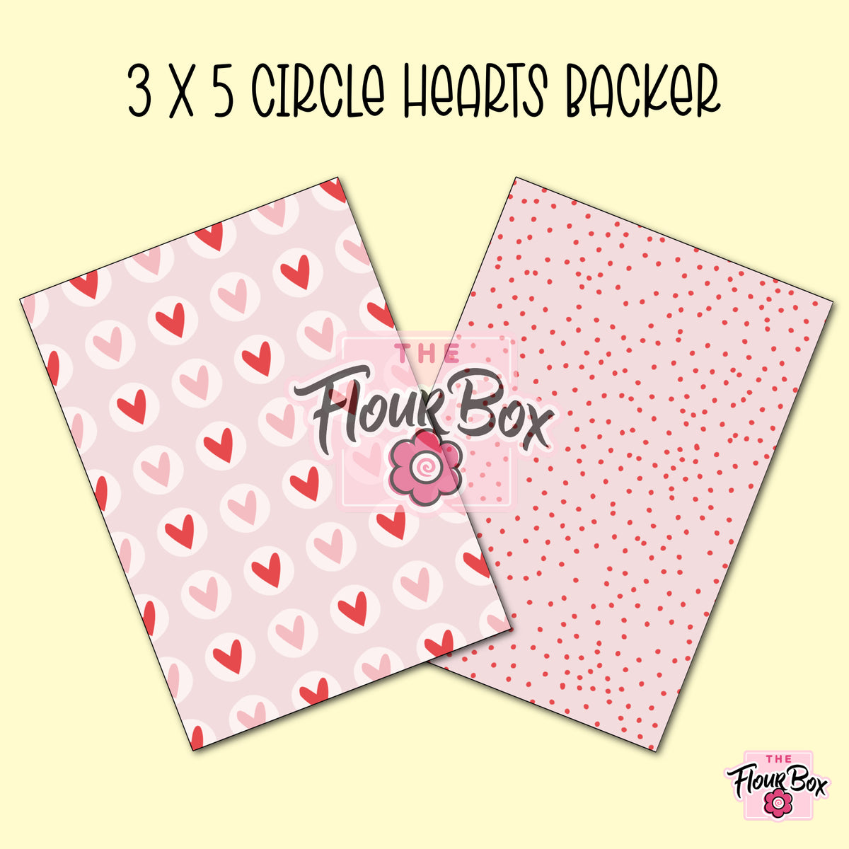 Pink 3x5 circle hearts cookie box backer with red and light pink heart patterns on pale pink background 25 backers