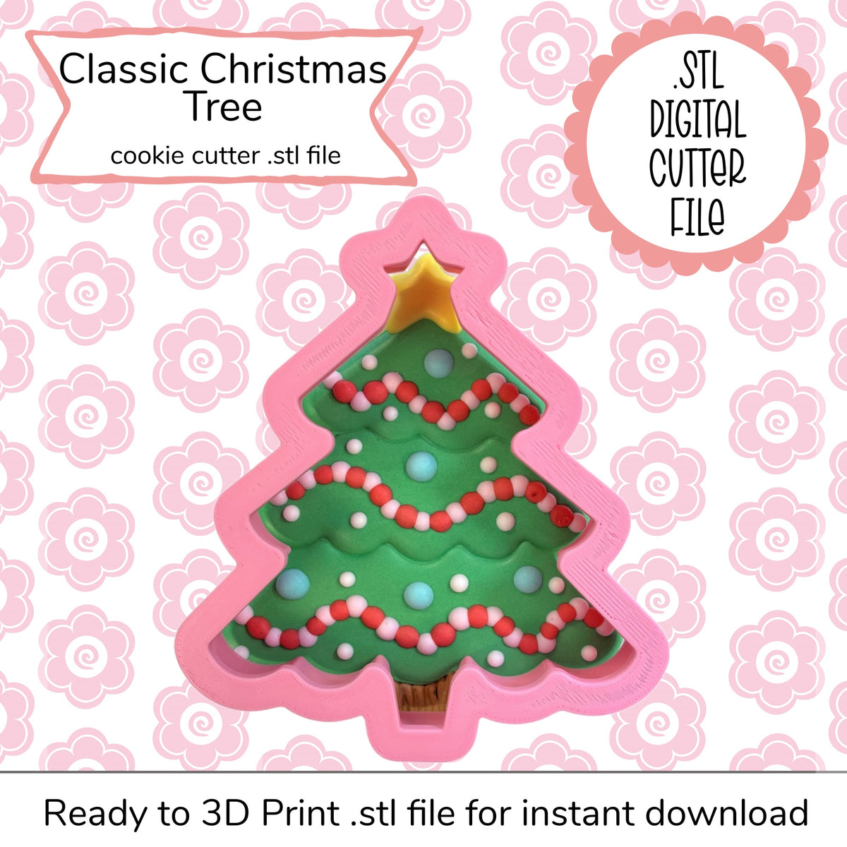 Pink plastic classic christmas tree cookie cutter with green red and white decorative details digital file