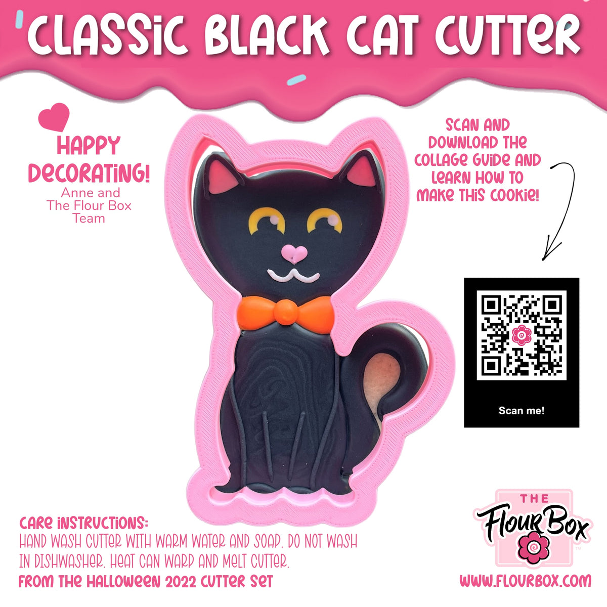 Classic black cat cookie cutter with pink outline orange bow tie and yellow eyes for baking and crafts