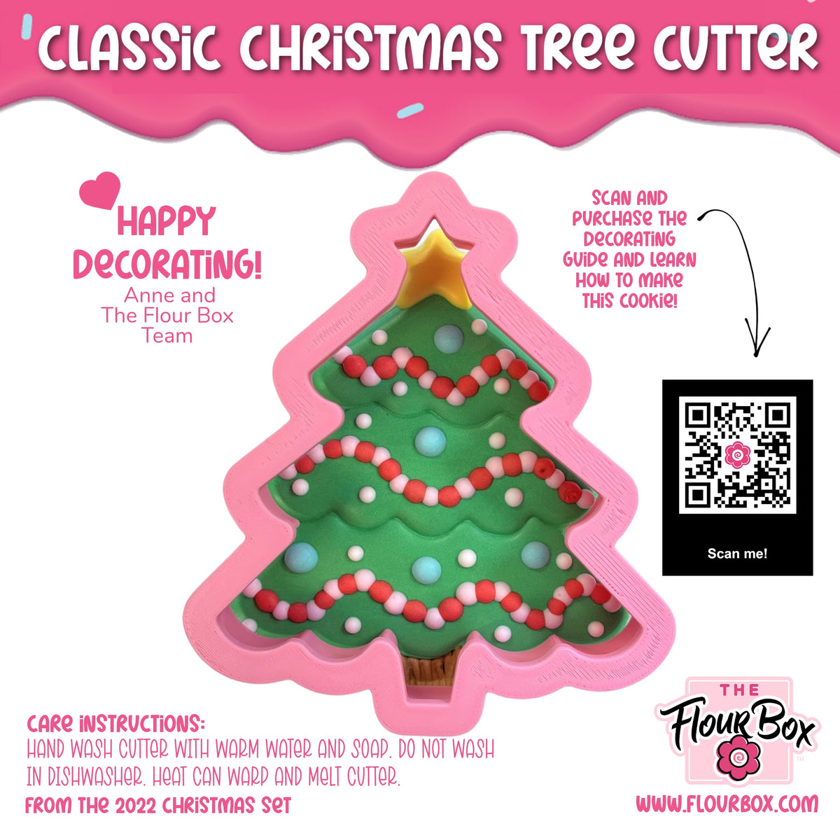 Pink silicone classic christmas tree cookie cutter with green interior and festive candy cane and star decorations