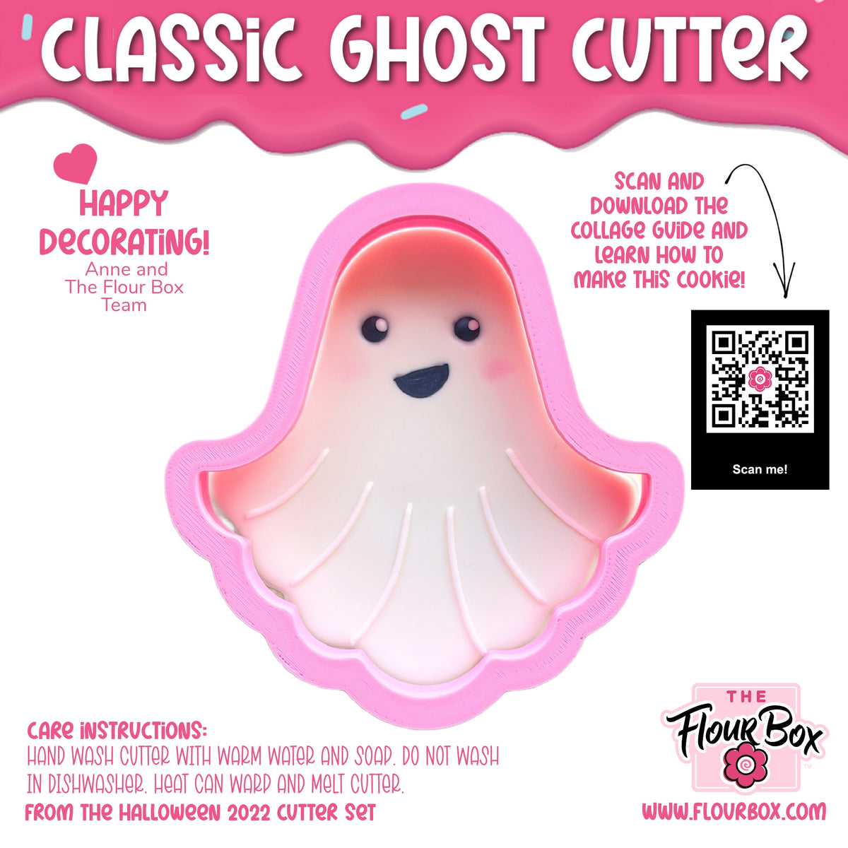 Classic ghost cookie cutter made of pink plastic with a smiling face and translucent white interior
