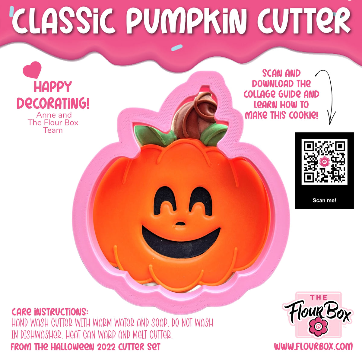 Classic pumpkin cookie cutter featuring an orange pumpkin shape with smiling face and green stem in a pink mold