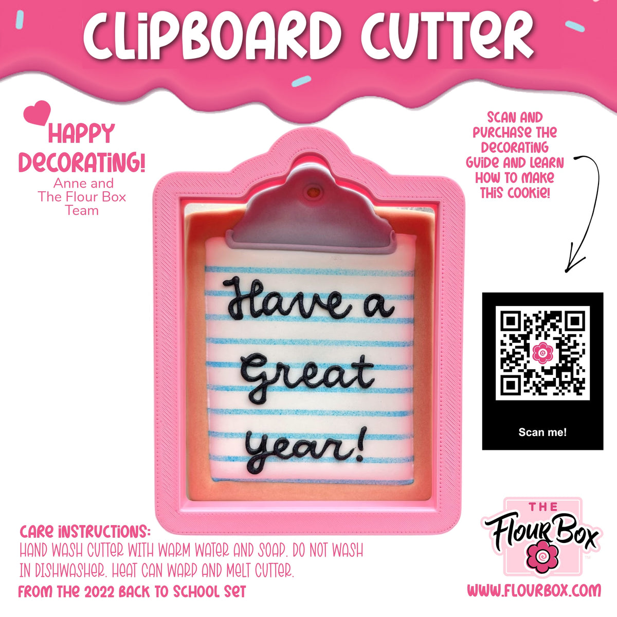 Pink clipboard cookie cutter with white and blue striped interior and have a great year message in black cursive lettering