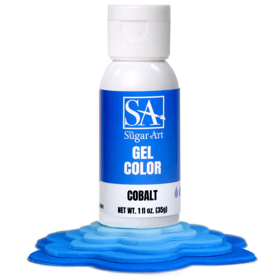 A bottle of cobalt blue sugar art gel color with a white cap and bold label for cake decorating
