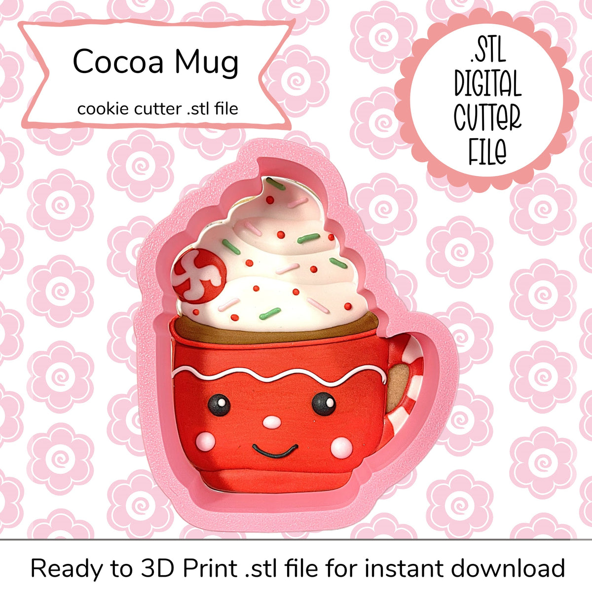 Red smiling cocoa mug cookie cutter STL file featuring white whipped cream and candy sprinkles design