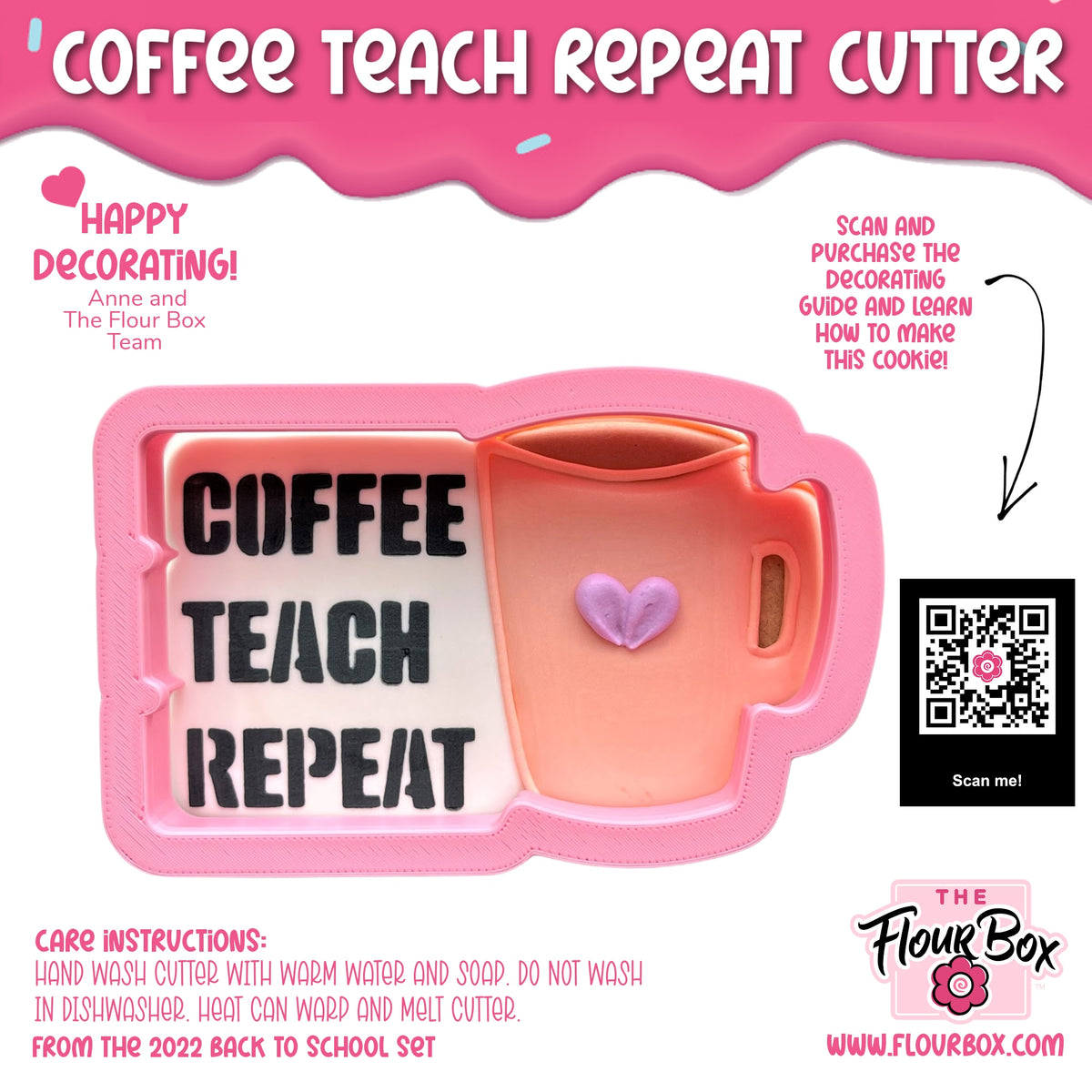 Pink silicone coffee teach repeat cookie cutter with stencil featuring black text and a small purple heart