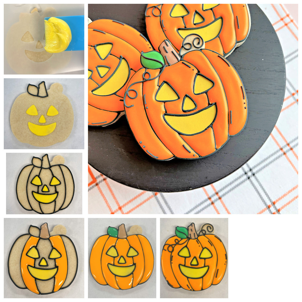 Orange pumpkin-shaped cookies with yellow triangular eyes and smiling mouth outlined in black icing made with comic jack-o-lantern cookie cutter