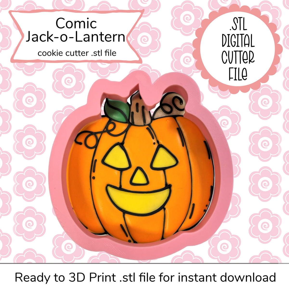 Pink plastic comic jack-o-lantern cutter with smiling face yellow eyes and nose green leafy stem digital file