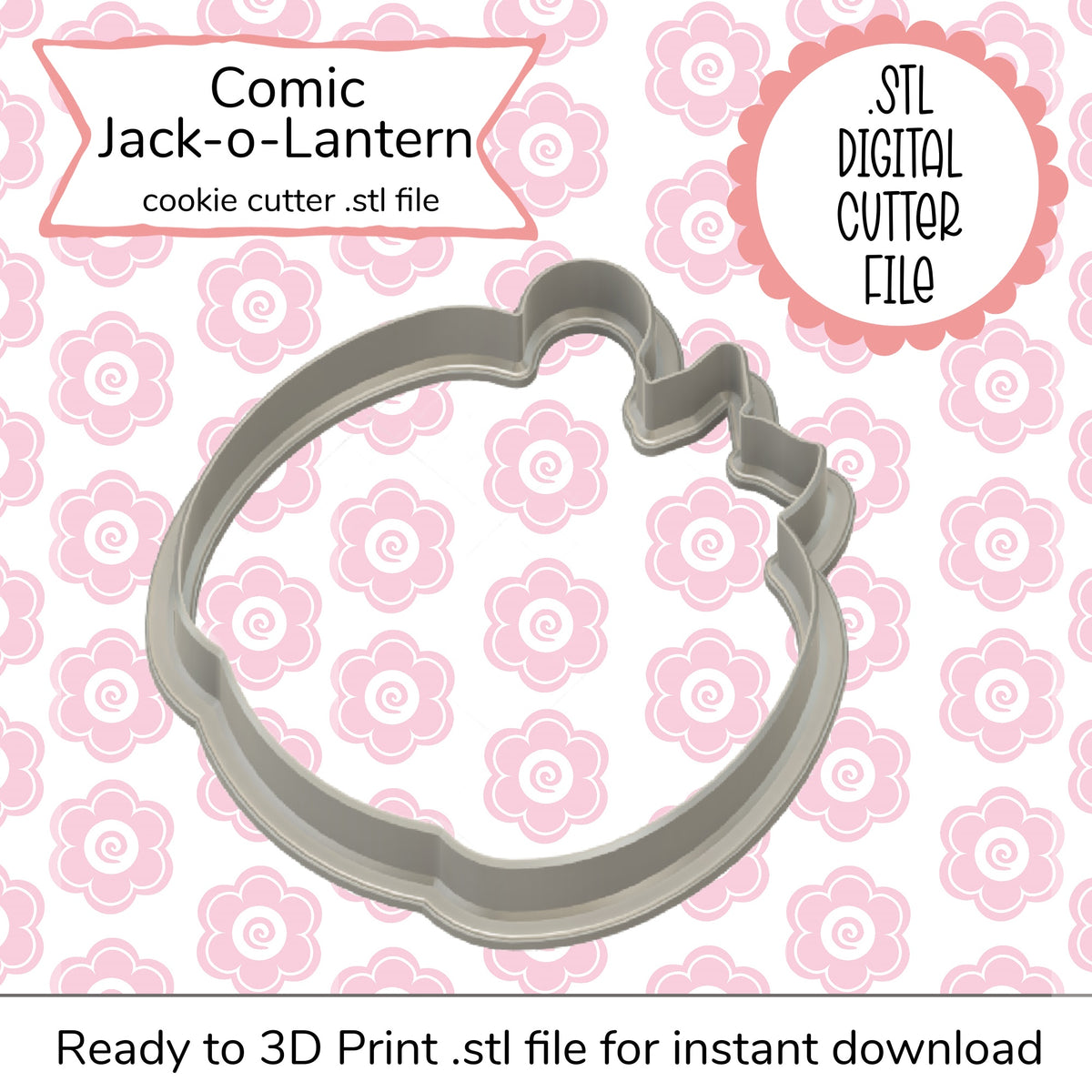 Silver metallic comic jack-o-lantern cookie cutter with whimsical stylized design for halloween baking use