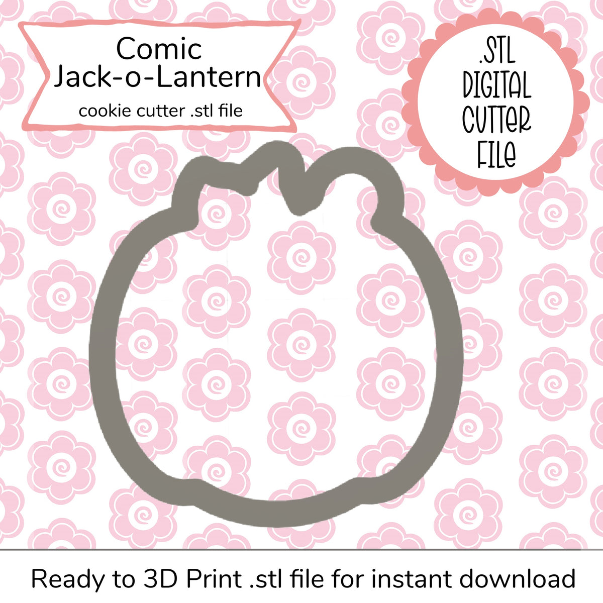 Gray outline of a comic-style jack-o-lantern cookie cutter digital STL file for Halloween baking projects