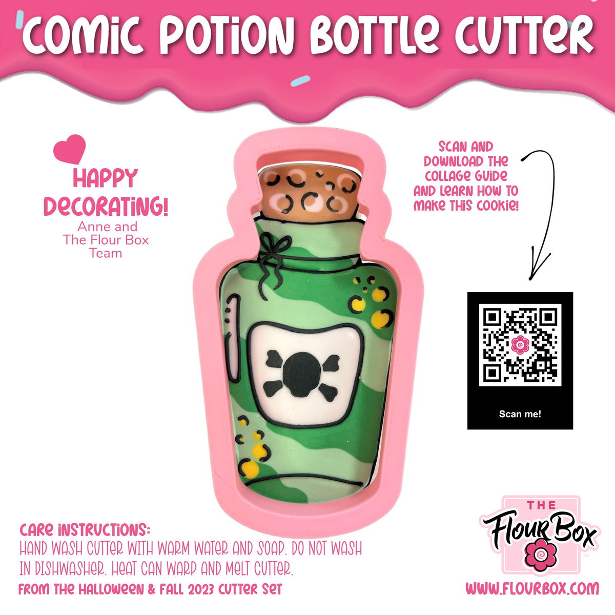 Comic potion bottle cookie cutter in green camouflage pattern with brown cork stopper and black skull and crossbones label