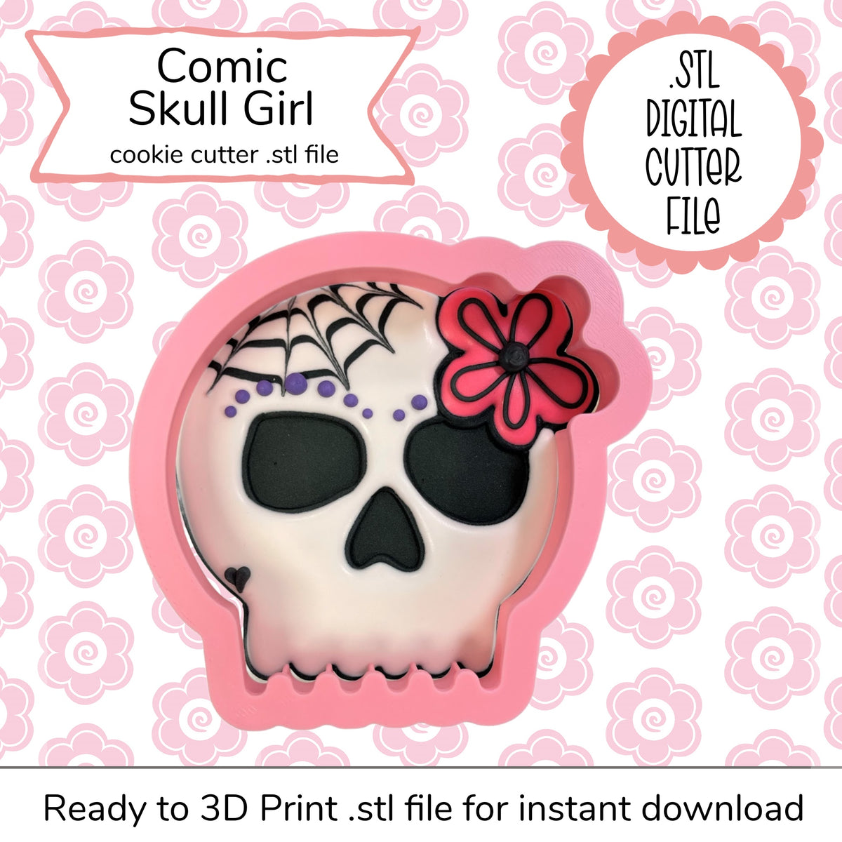 Pink silicone comic skull girl cookie cutter with black eye sockets purple dots and red flower for baking STL file