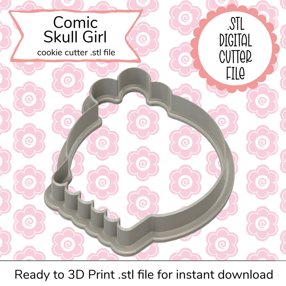 Gray plastic comic skull girl cookie cutter with scalloped edges digital stl cutter file for baking and crafts