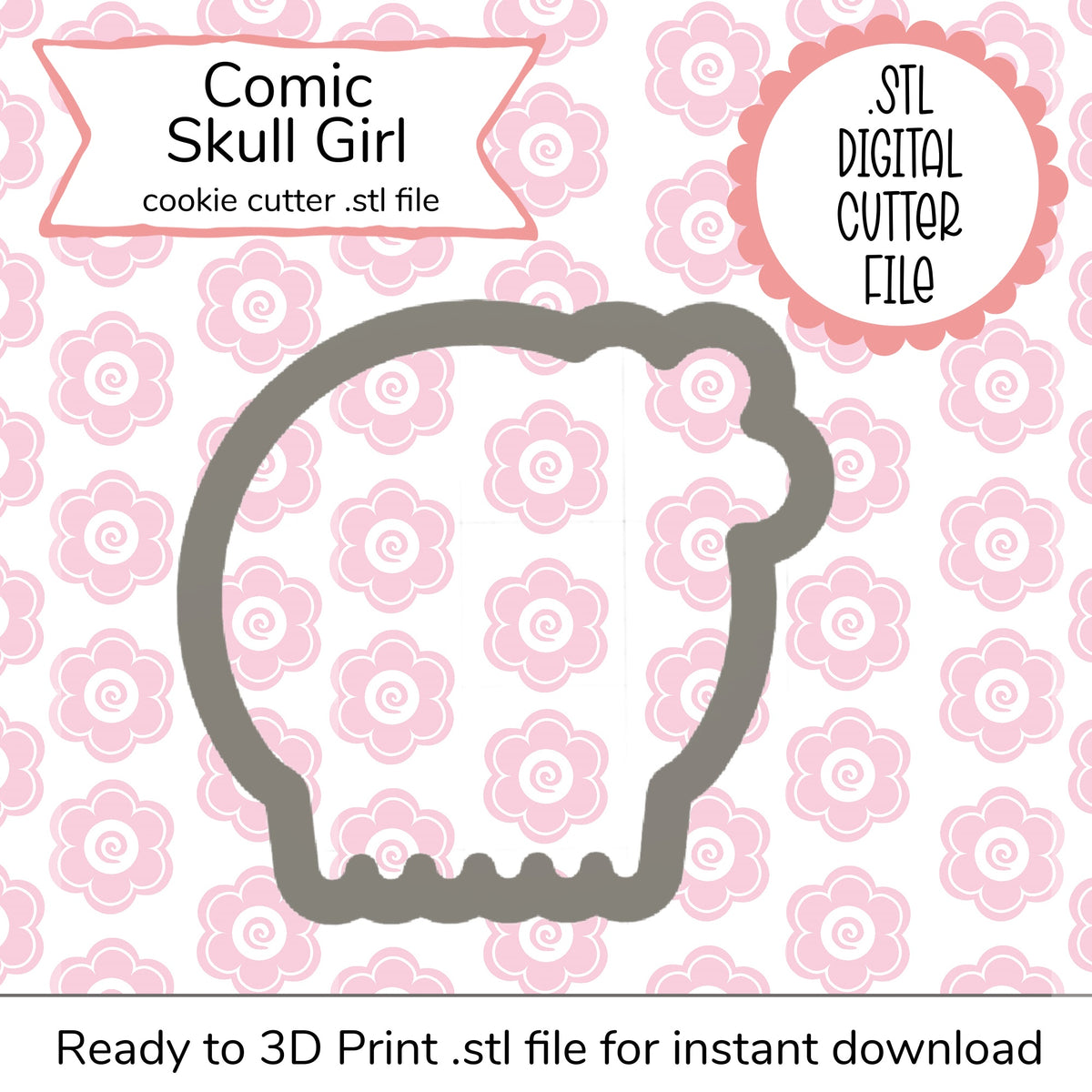 Gray comic skull girl cookie cutter 3d printable stl digital file for baking and crafting use