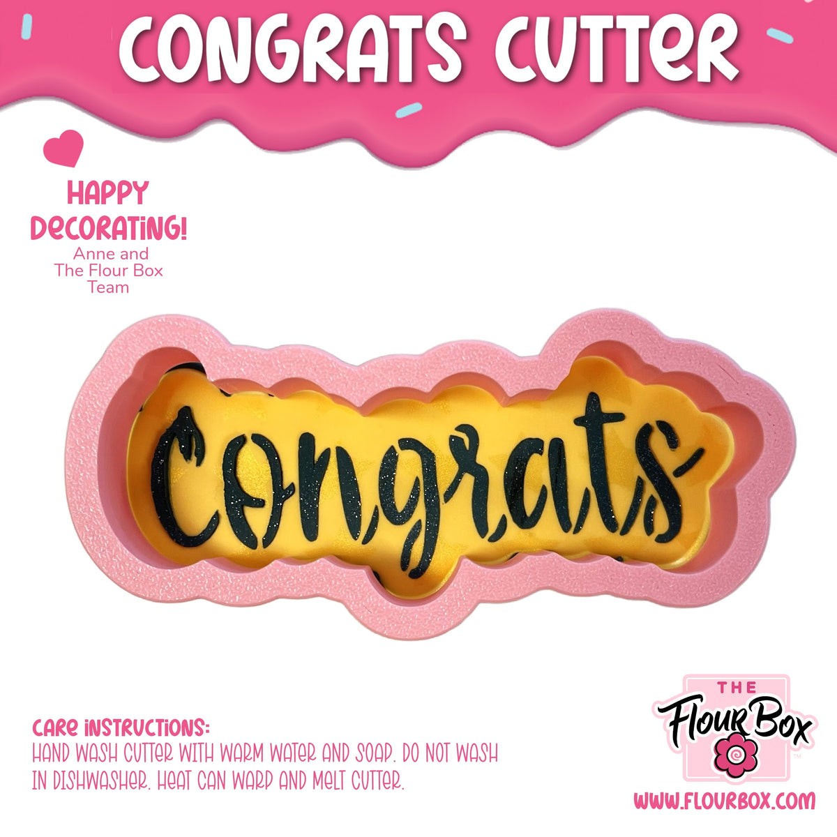 Pink silicone congrats cookie cutter with yellow interior and black glittery text for baking and stenciling