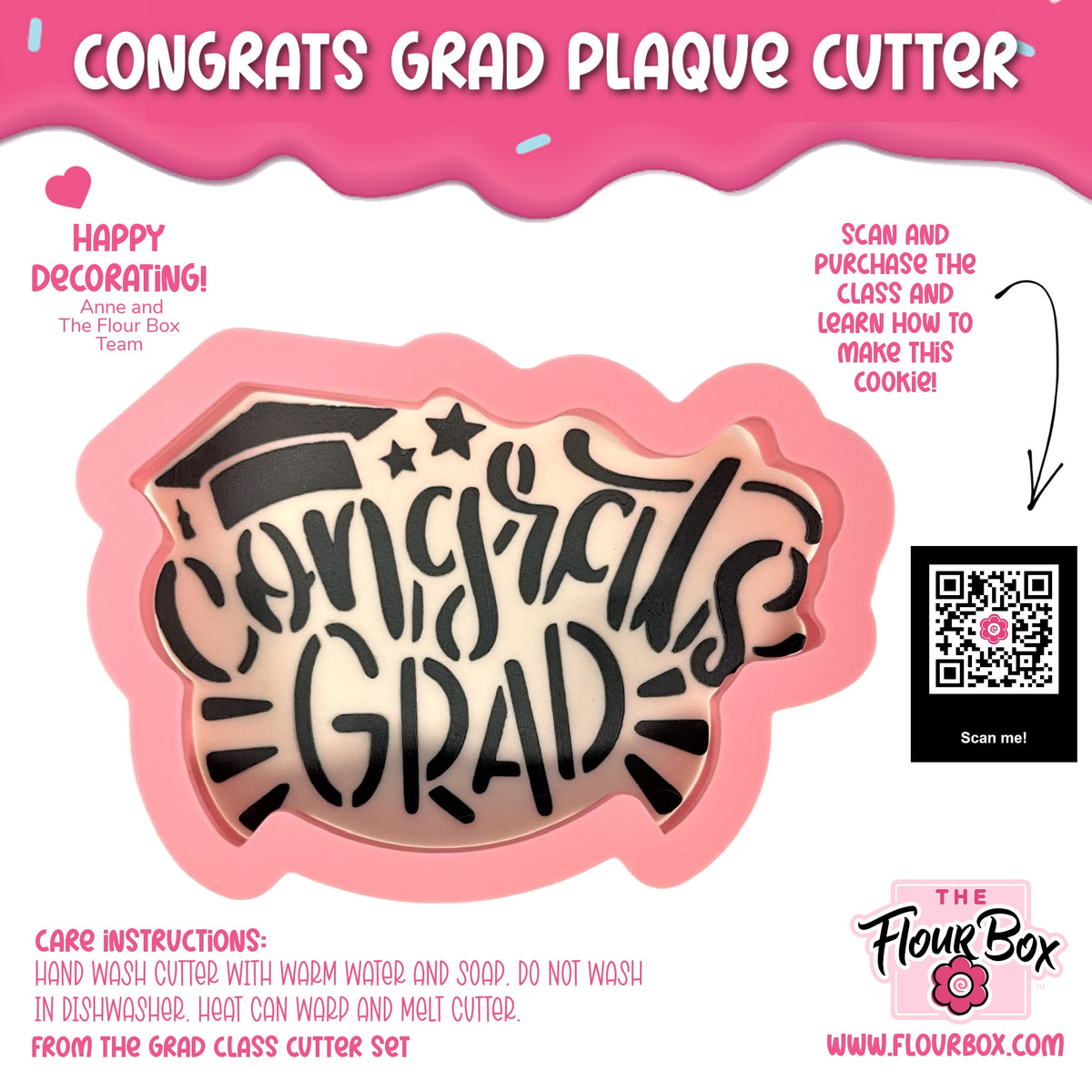 Pink plastic cookie cutter shaped like a graduation cap with black congrats grad lettering and decorative stars for graduation cookies