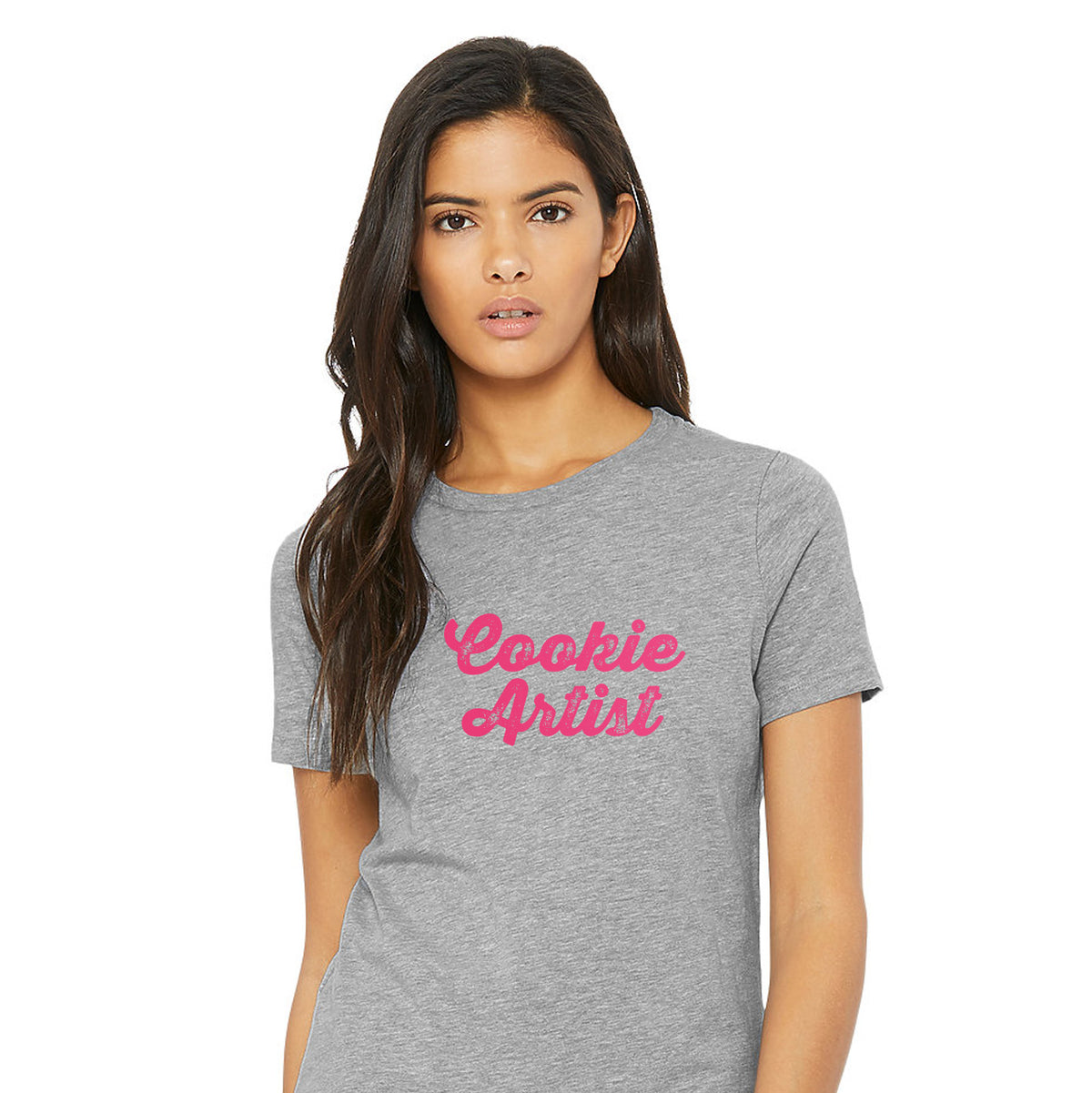 Heather gray short-sleeved cotton t-shirt with bright pink cookie artist cursive script printed on front