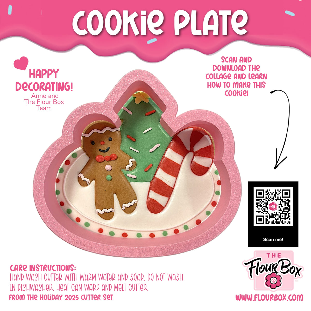 Pink silicone cookie plate shaped like a festive holiday scene with gingerbread man green tree and candy cane designs