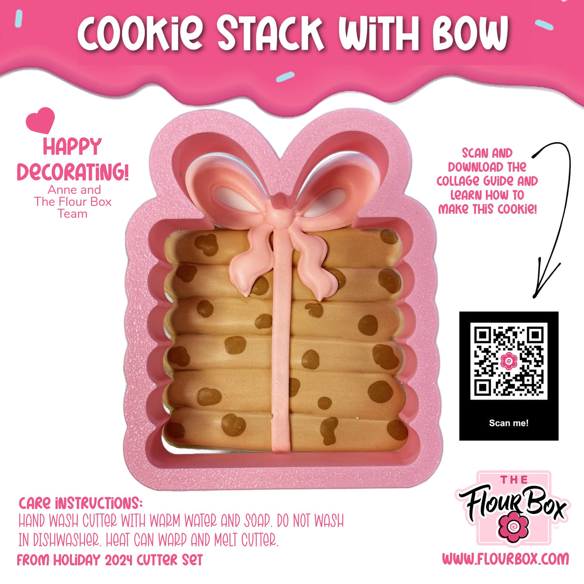 Pink silicone cookie stack cutter shaped like a gift box with bow for making festive cookies