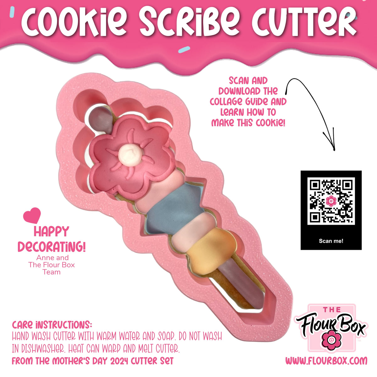 Pink silicone cookie scribe cookie cutter shaped like an ice cream cone with a flower on top