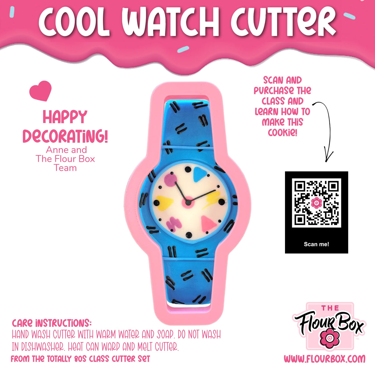 A playful blue cool watch cookie cutter with a colorful candy-themed face and black sprinkle-like patterns on strap