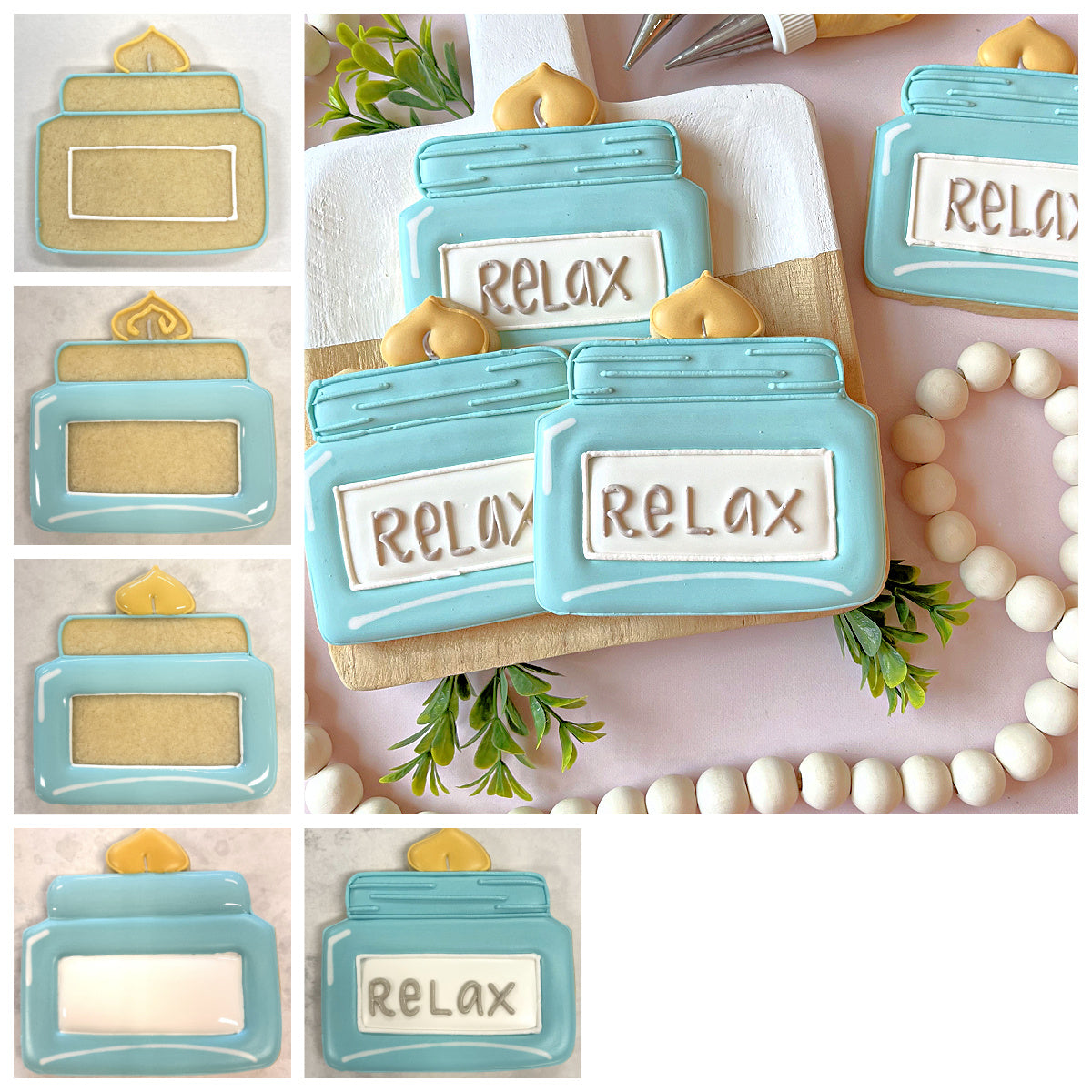 Light blue sugar cookie shaped like a jar with yellow lid and relax text featuring cozy jar candle cookie cutter design