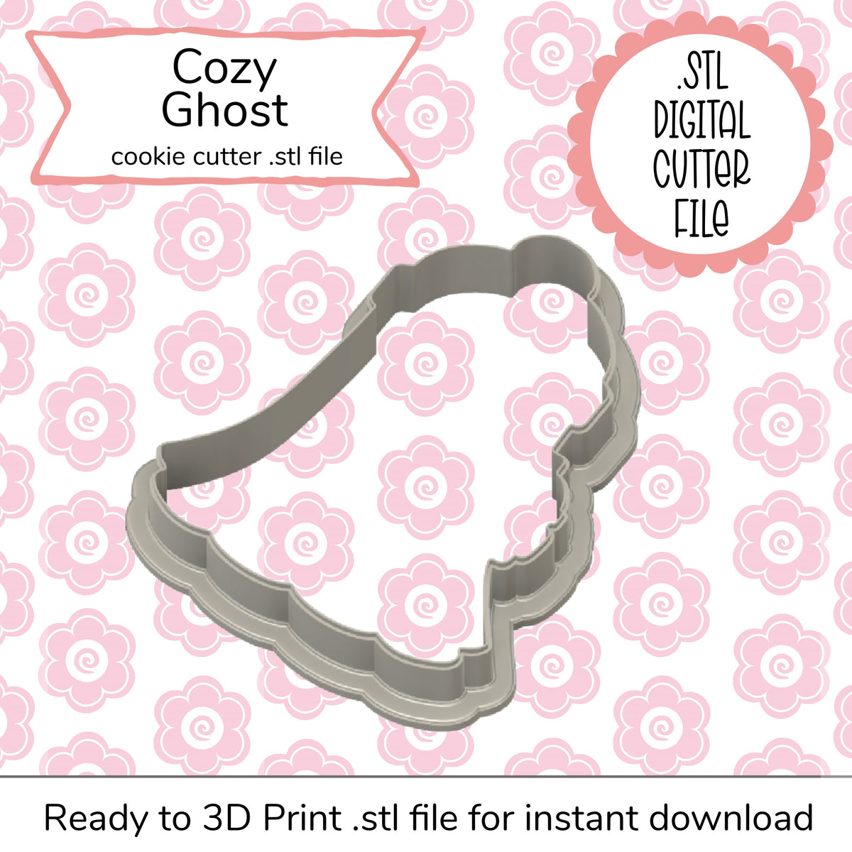 Gray plastic ghost shaped cookie cutter with scalloped edges cozy ghost cutter stl file digital file