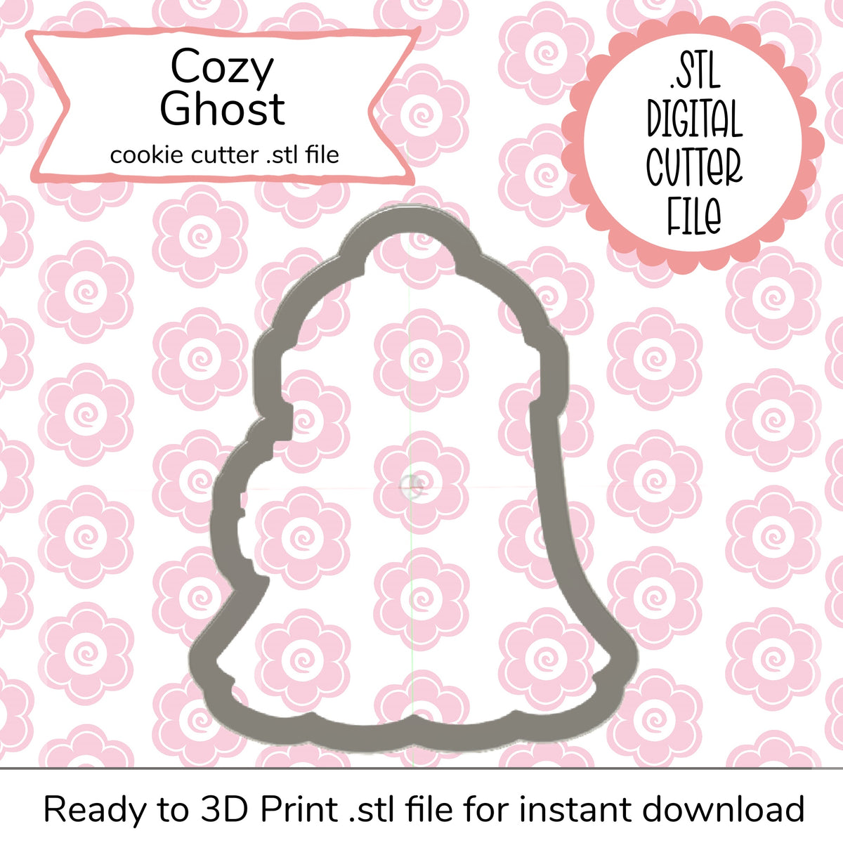 Gray ghost-shaped 3d printed cookie cutter cozy ghost cutter stl file digital model for baking crafts