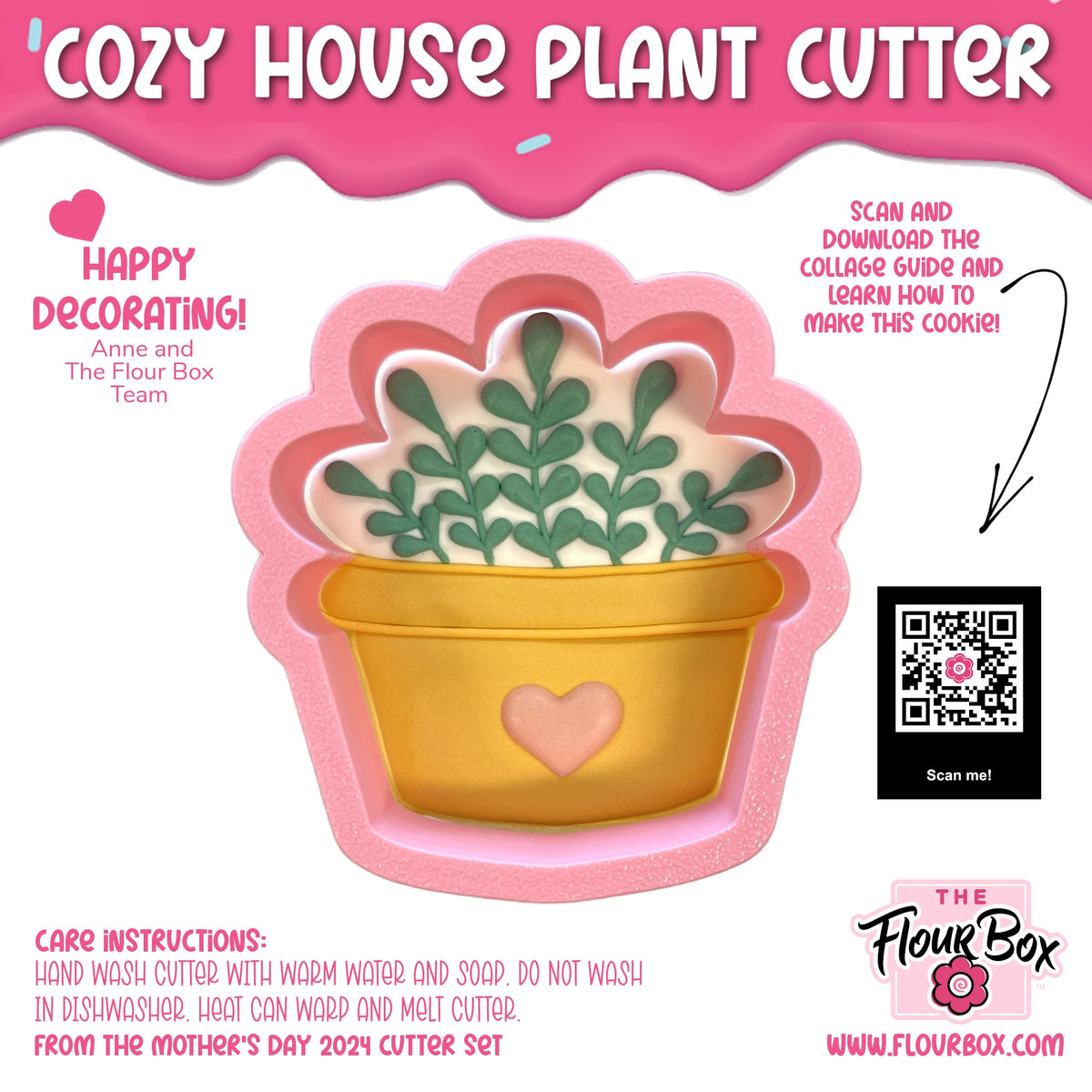 Cozy house plant cookie cutter in pink silicone shaped like a potted plant with green leaves and yellow heart pot