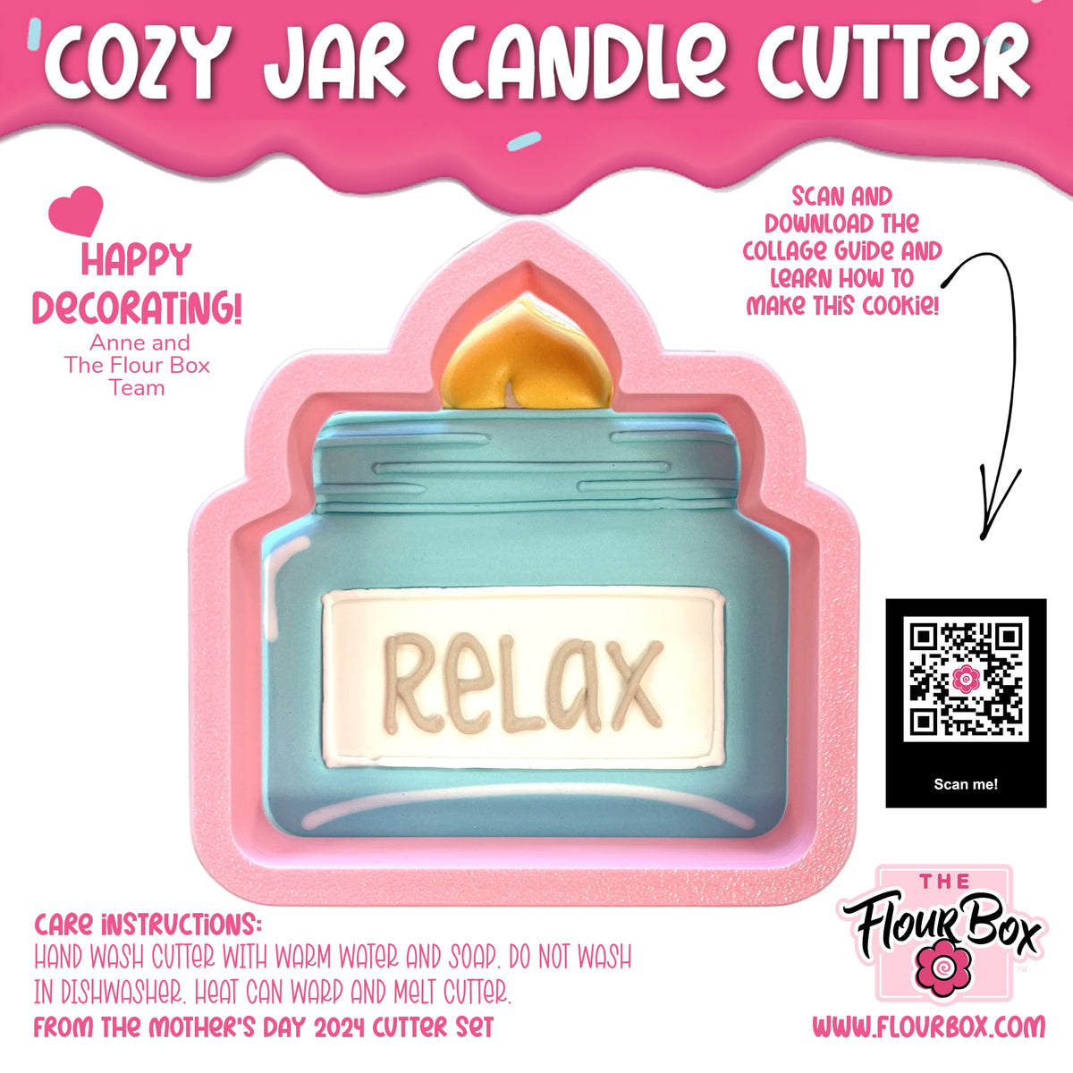 A pink silicone cozy jar candle cookie cutter shaped like a teal jar candle with a golden flame and relax label