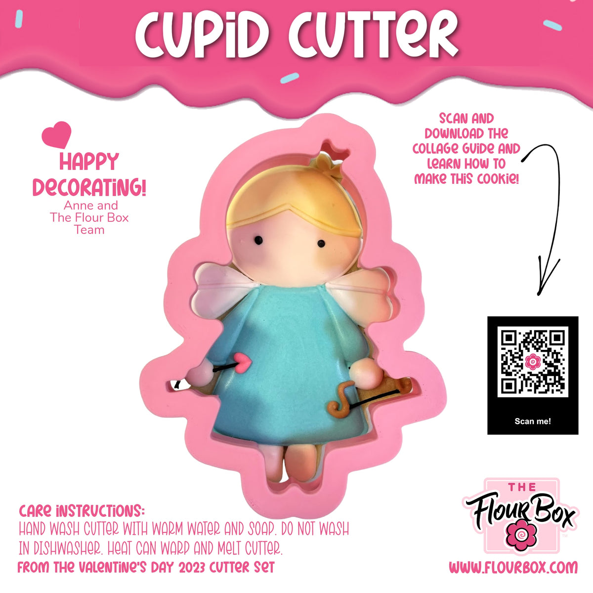 Cupid cookie cutter in pink silicone featuring a design with blonde hair blue dress and wings for baking
