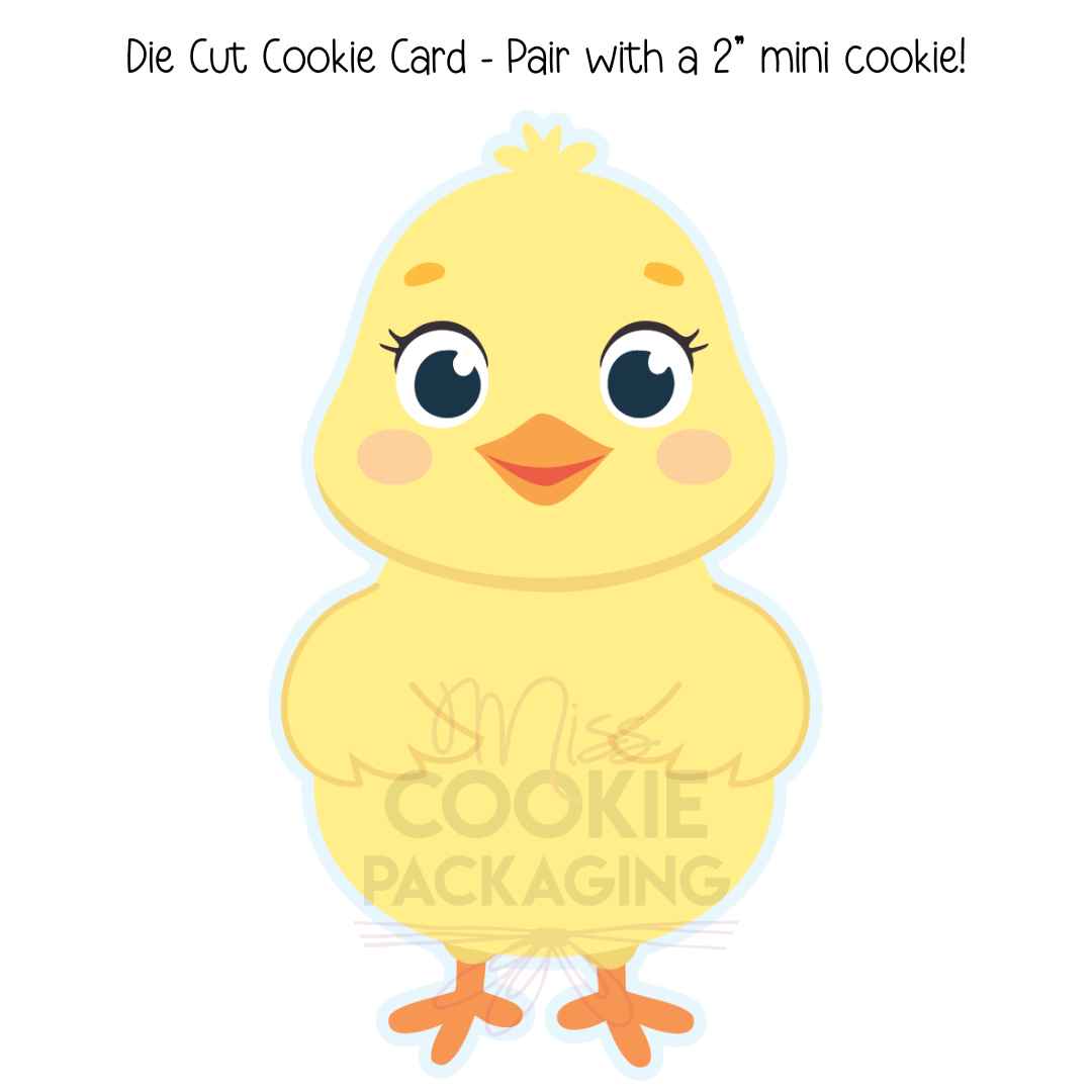 Cute chick die cut cookie card 4 x 7 inch yellow with orange beak and feet for pairing with 2 inch mini cookie pack of 25