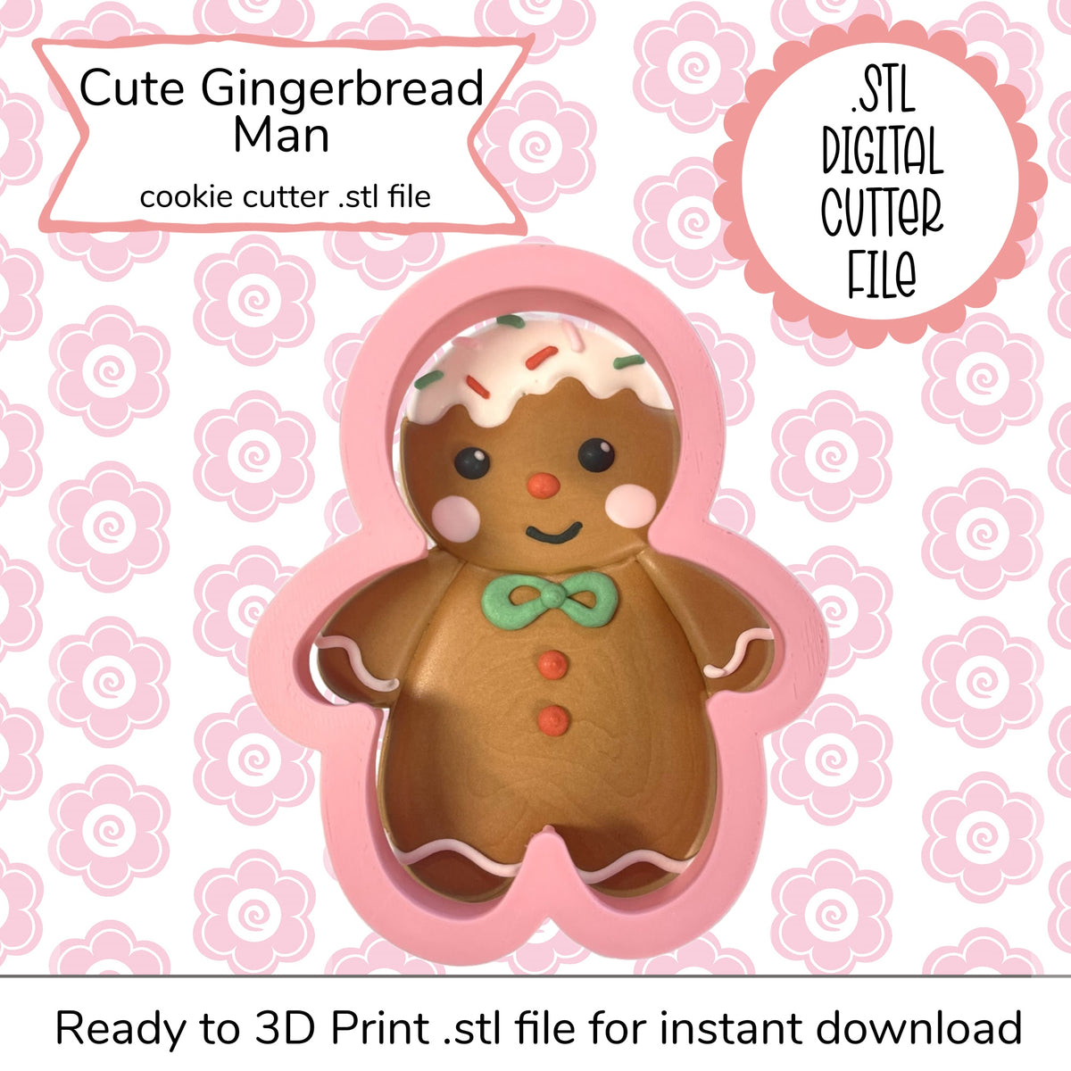 Pink plastic gingerbread man cookie cutter with icing details and green bow tie digital STL file design