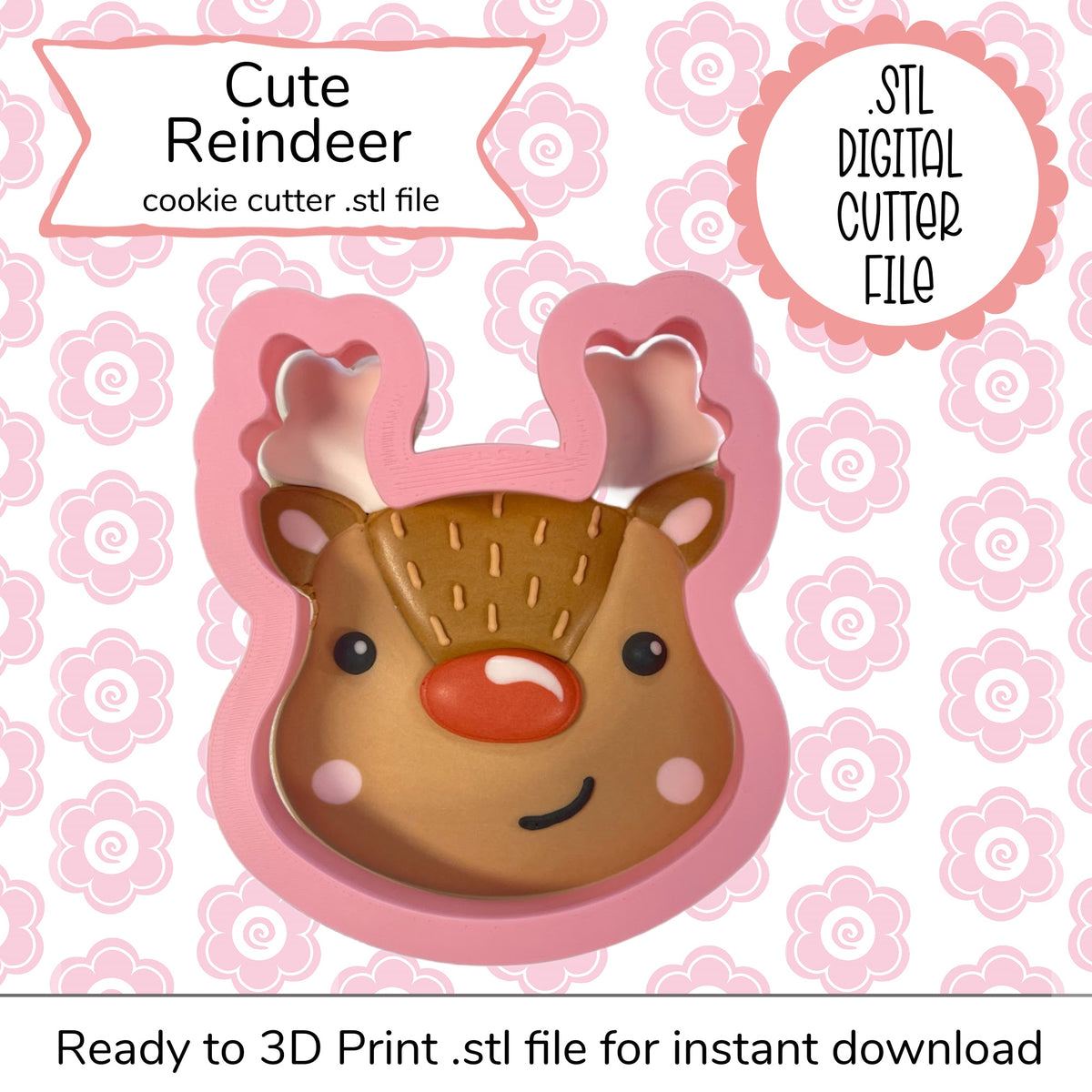Pink silicone cookie cutter shaped like a cute reindeer face with brown face red nose and antlers for baking use