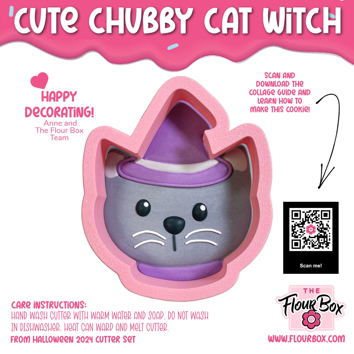 A pink silicone cookie cutter shaped like a chubby gray cat wearing a purple witch hat for halloween baking