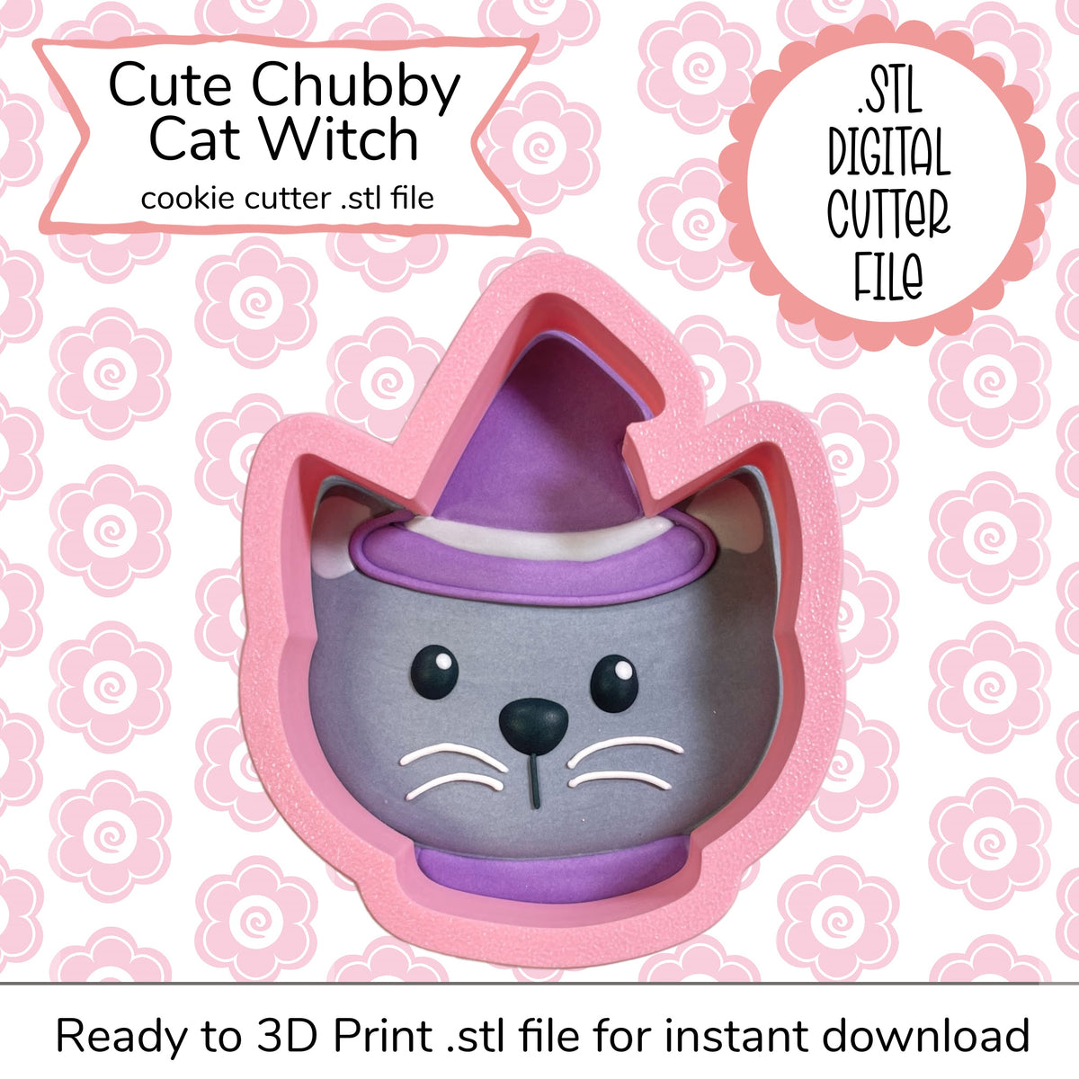 Cute chubby cat witch cookie cutter stl file in pink and purple with gray face black eyes and pointed hat
