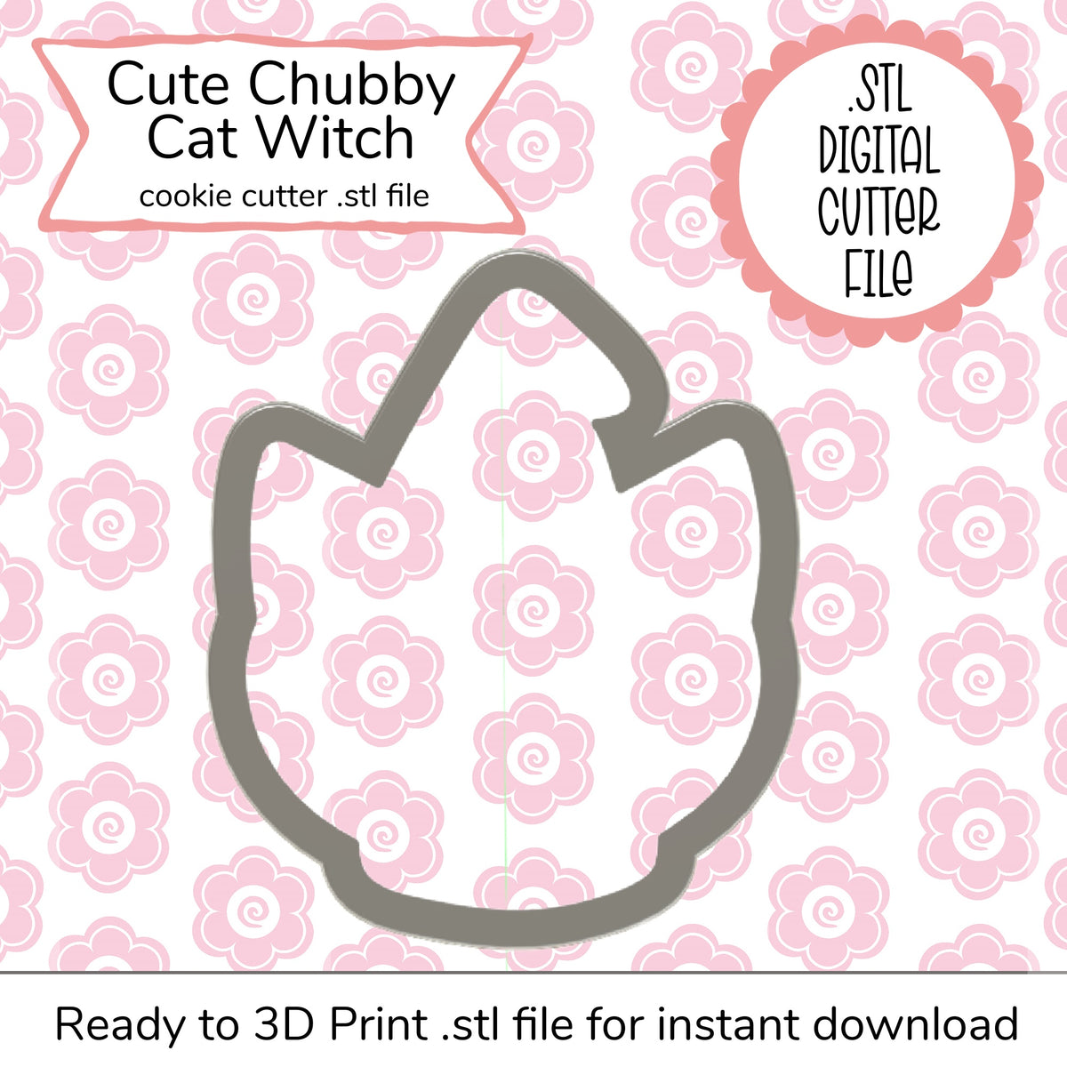 Cute chubby cat witch cookie cutter in gray metallic finish designed for 3d printing digital file STL model