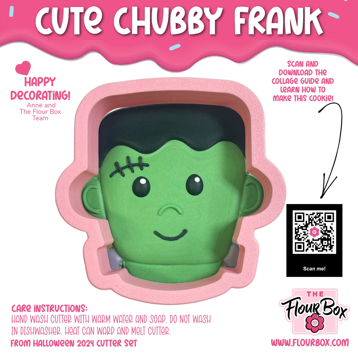 Cute chubby green frankenstein-themed cookie cutter with black hair and stitched face details by the flour box