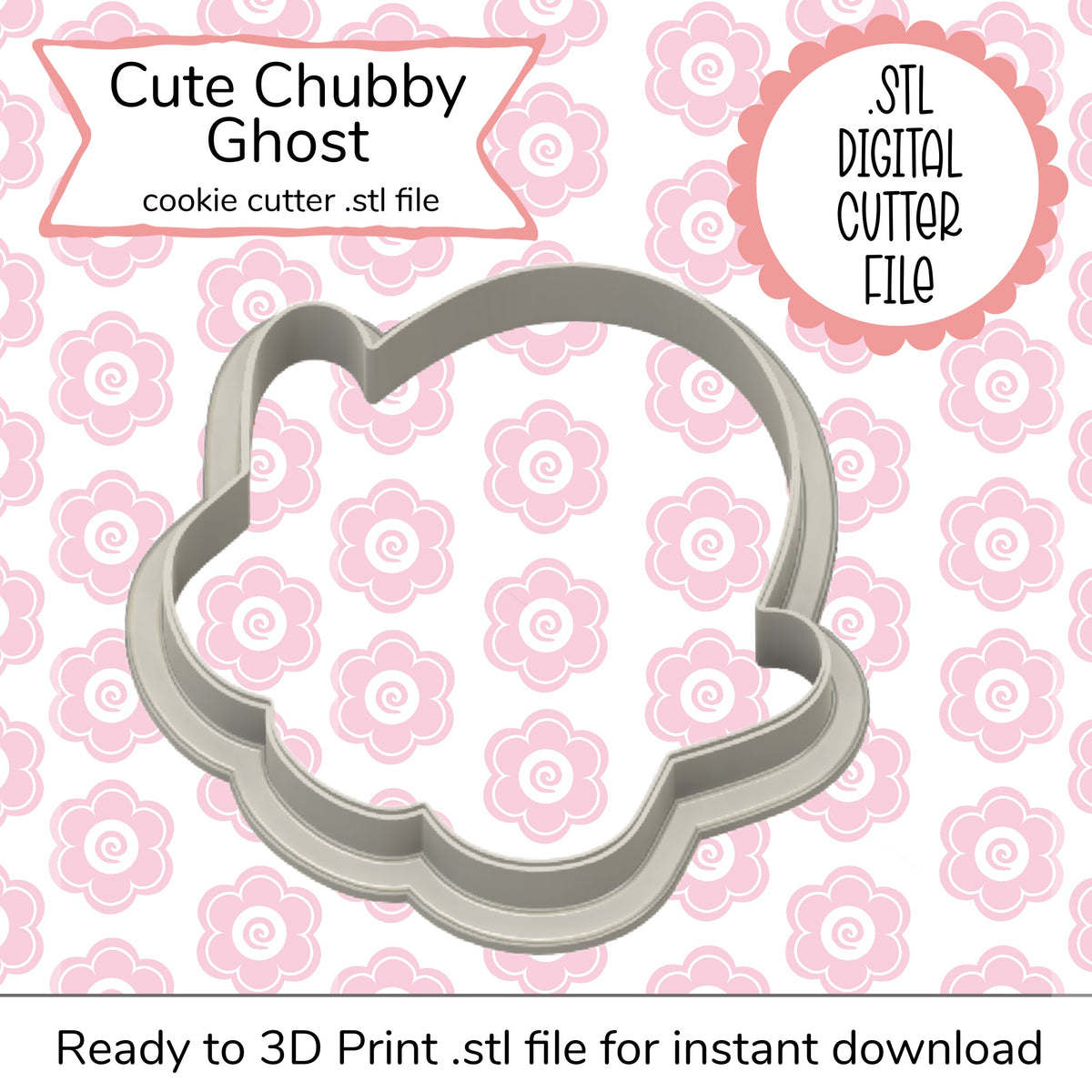 Cute chubby ghost cutter stl file featuring a metallic silver cookie cutter with rounded friendly shape and smooth edges