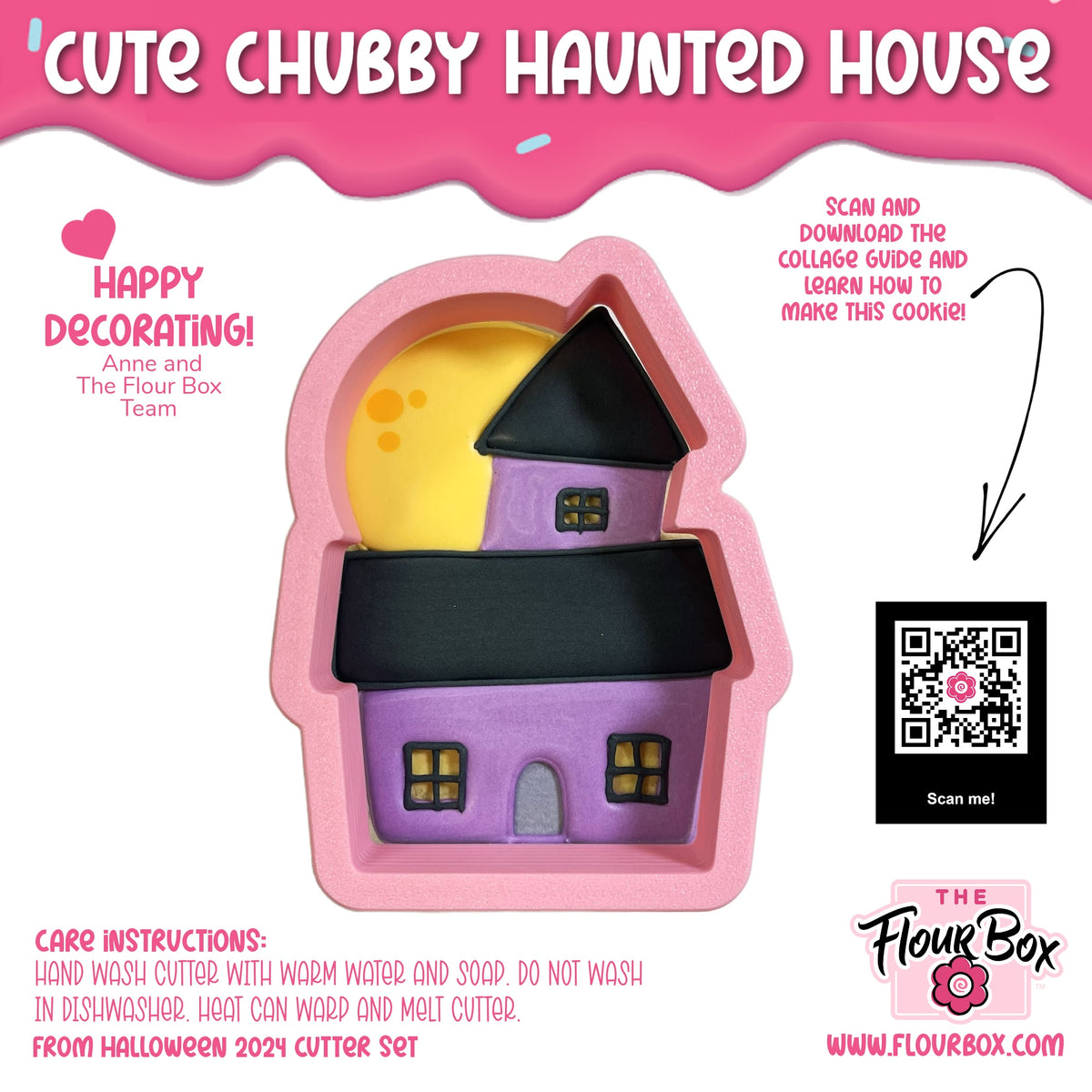 Pink silicone cute chubby haunted house cookie cutter with purple and black details for baking fun treats
