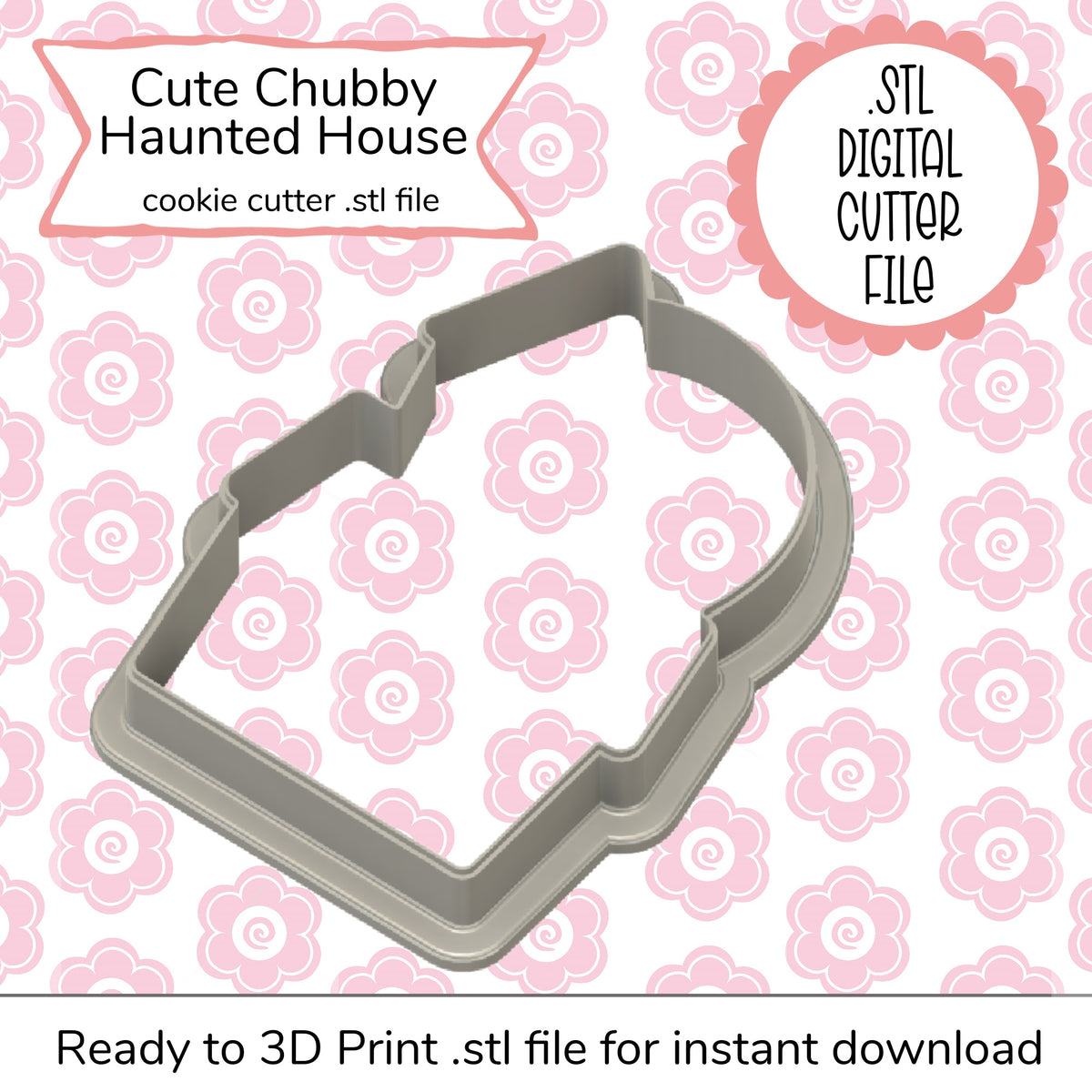 Gray metallic cookie cutter shaped like a cute chubby haunted house for baking and crafting STL file design